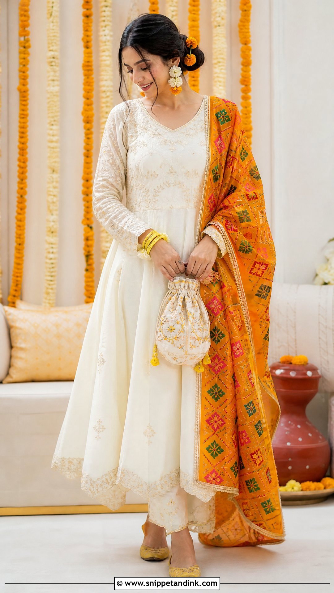 Punjabi Haldi Ivory Anarkali With Marigold Dupatta - Snippet and Ink - 20 Punjabi Haldi Outfit Ideas
