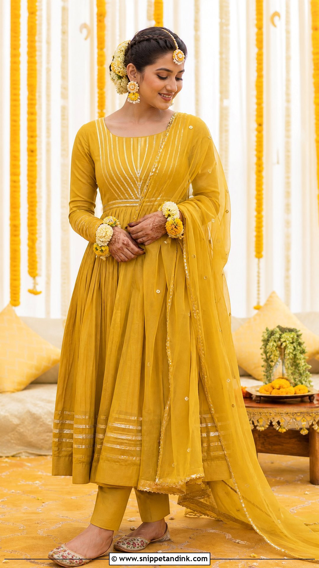 Punjabi Haldi Mustard Anarkali With Floral Jewelry - Snippet and Ink - 20 Punjabi Haldi Outfit Ideas
