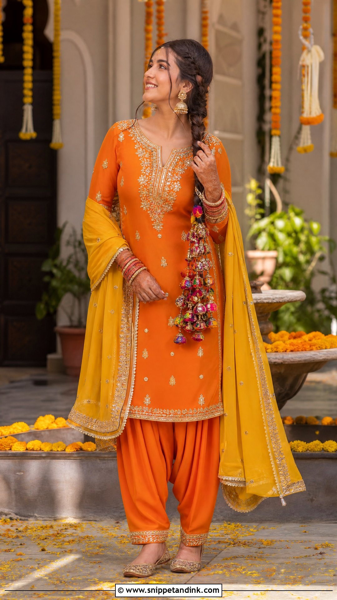 Punjabi Haldi Orange Salwar Kameez With Parandi - Snippet and Ink - 20 Punjabi Haldi Outfit Ideas