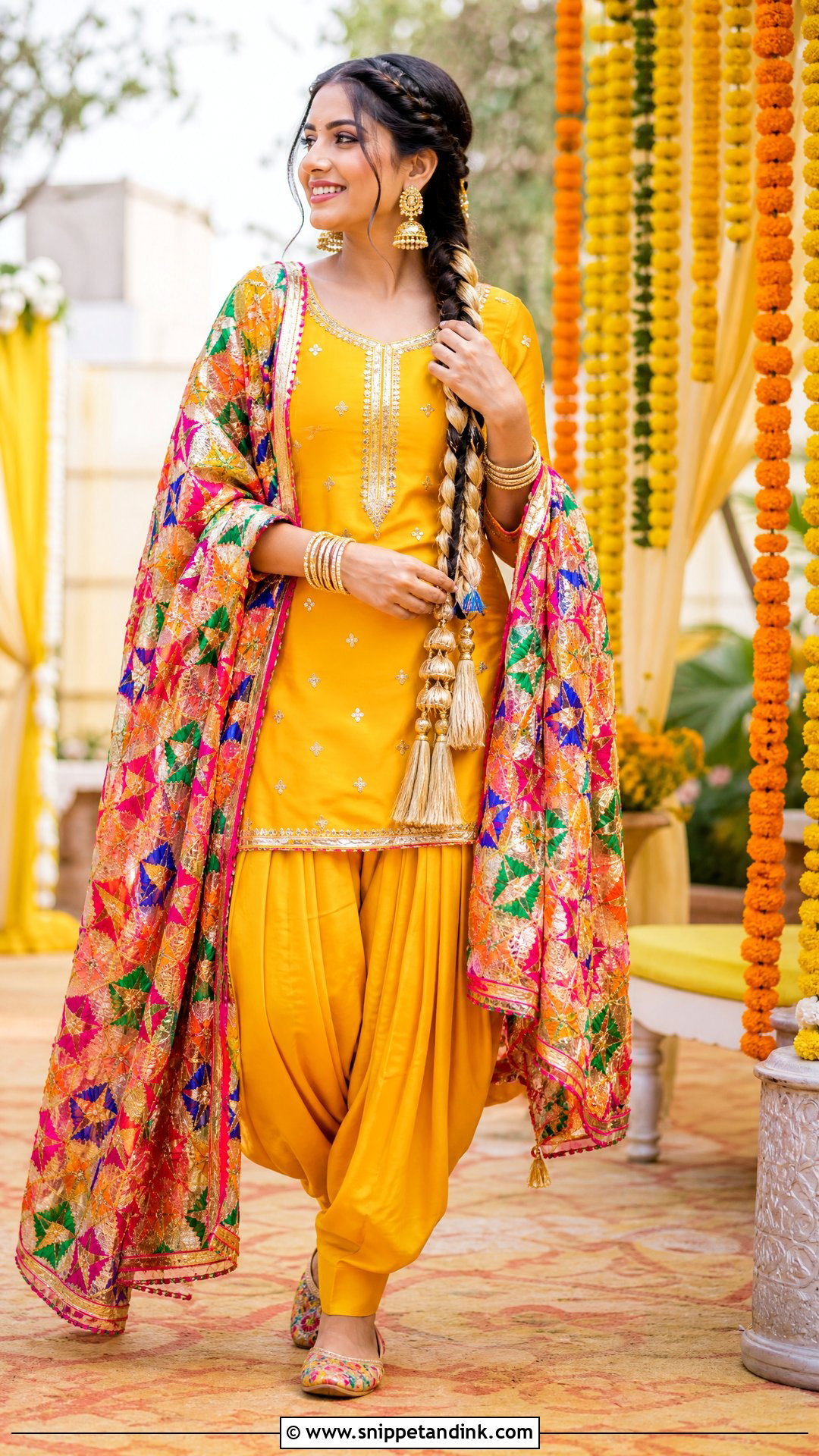 Punjabi Haldi Patiala Suit With Phulkari Dupatta - Snippet and Ink - 20 Punjabi Haldi Outfit Ideas