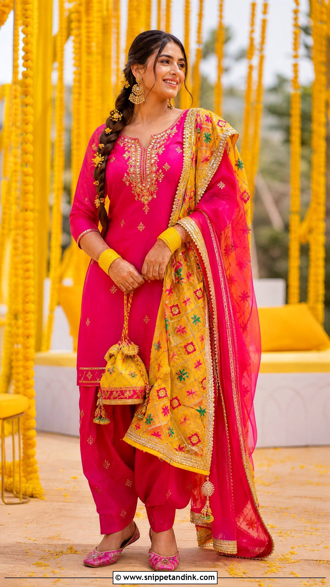 Punjabi Haldi Pink Suit With Yellow Dupatta - Snippet and Ink - 20 Punjabi Haldi Outfit Ideas