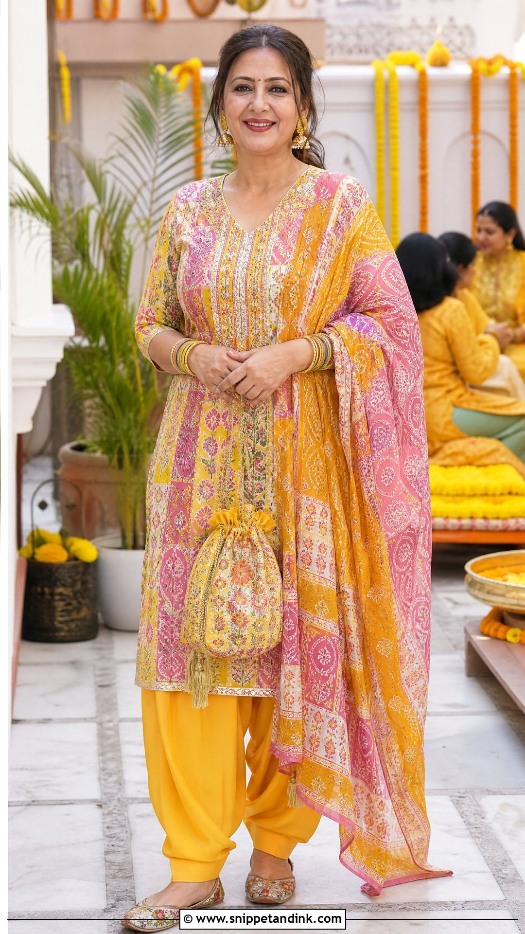 Punjabi Haldi Printed Kurta With Yellow Salwar - Snippet and Ink - 20 Punjabi Haldi Outfit Ideas
