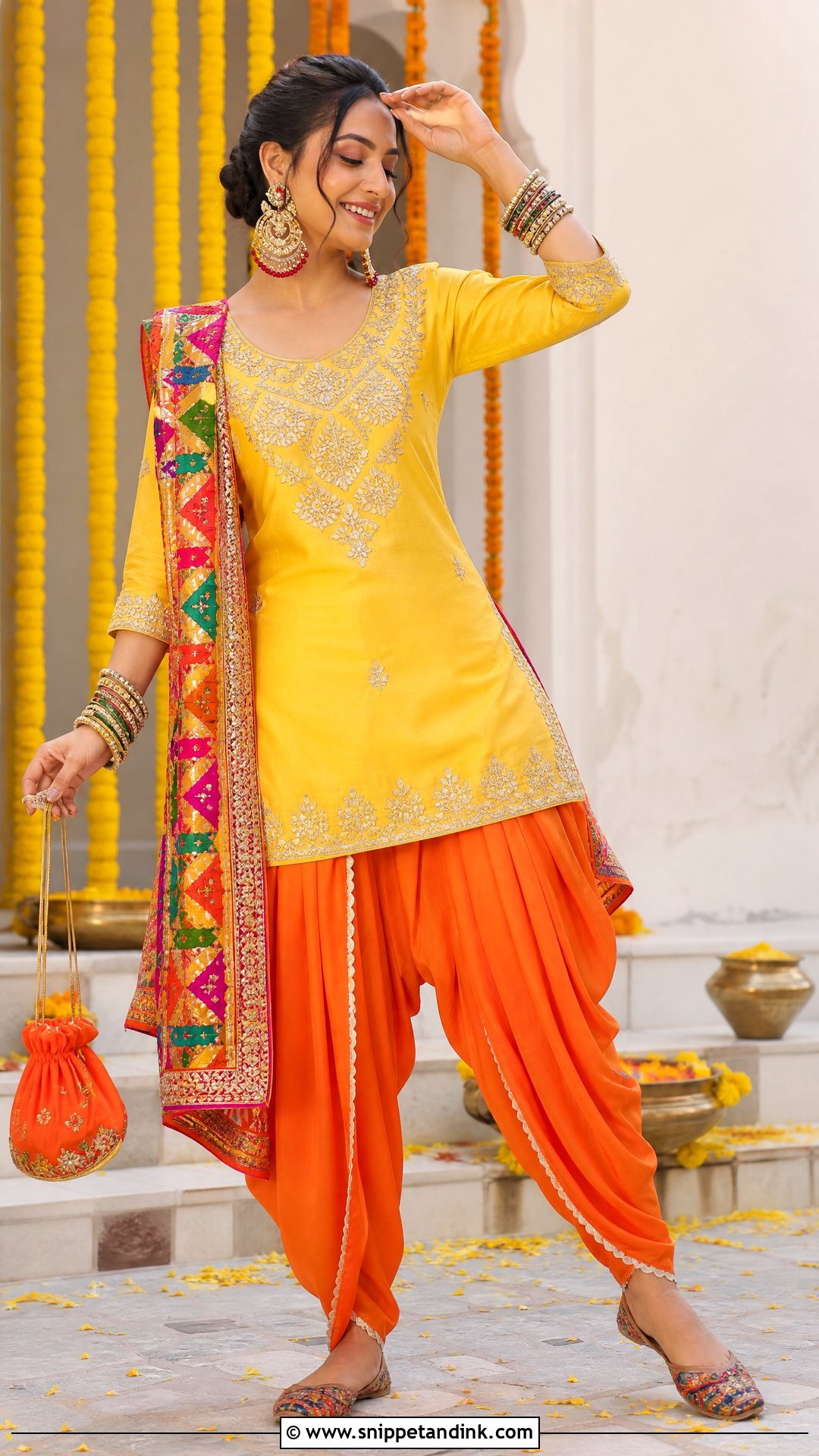 Punjabi Haldi Short Kurti With Dhoti Pants - Snippet and Ink - 20 Punjabi Haldi Outfit Ideas