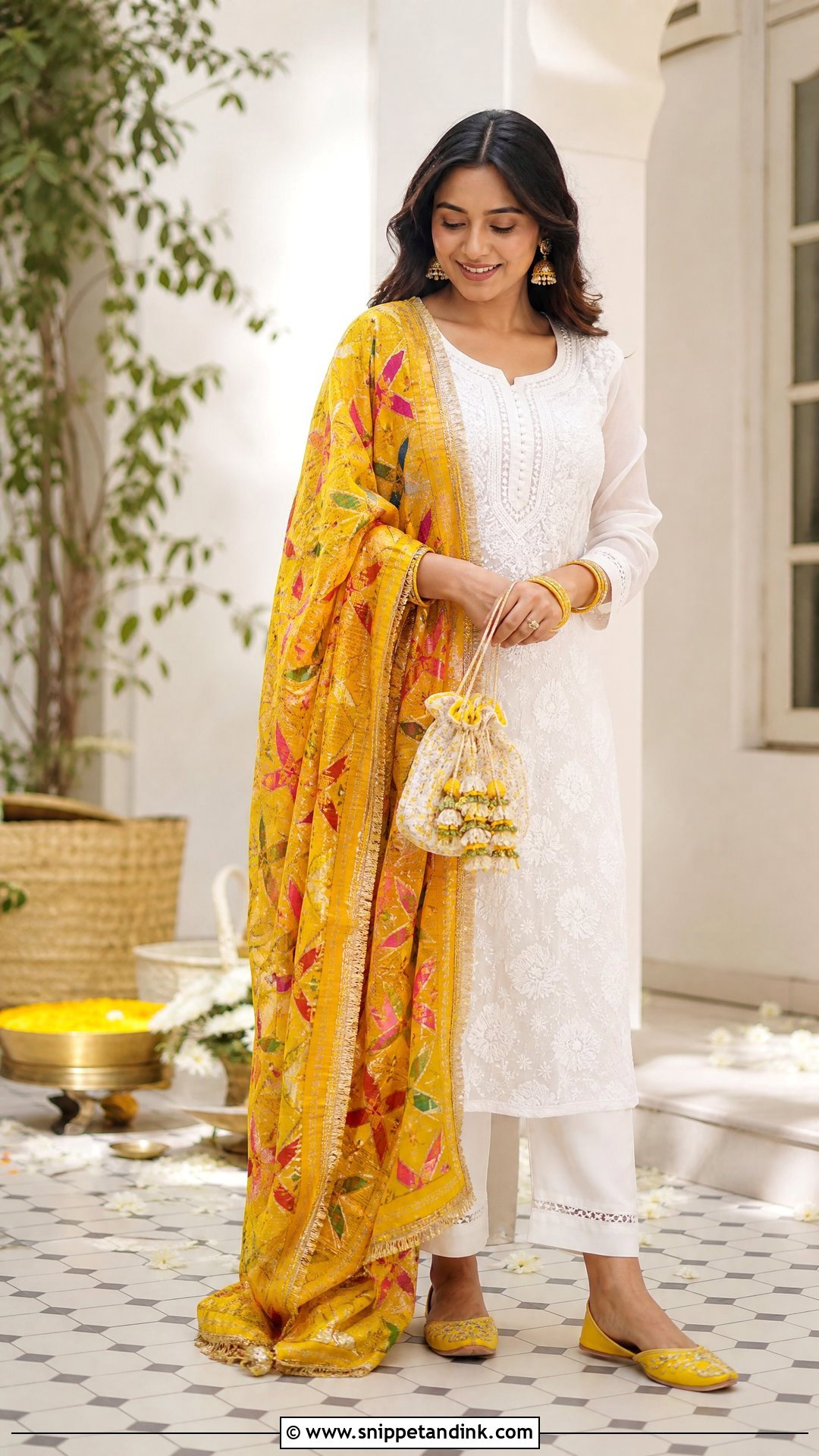 Punjabi Haldi White Suit With Yellow Phulkari Dupatta - Snippet and Ink - 20 Punjabi Haldi Outfit Ideas
