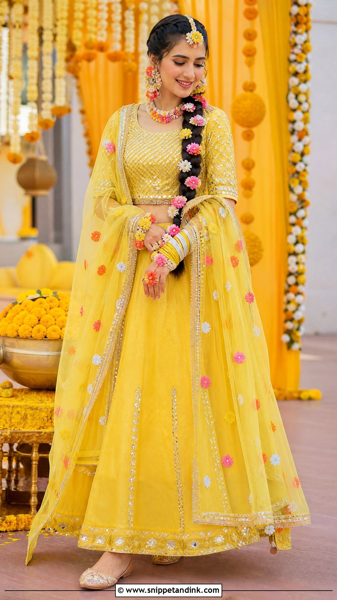 Punjabi Haldi Yellow Lehenga With Floral Dupatta - Snippet and Ink - 20 Punjabi Haldi Outfit Ideas