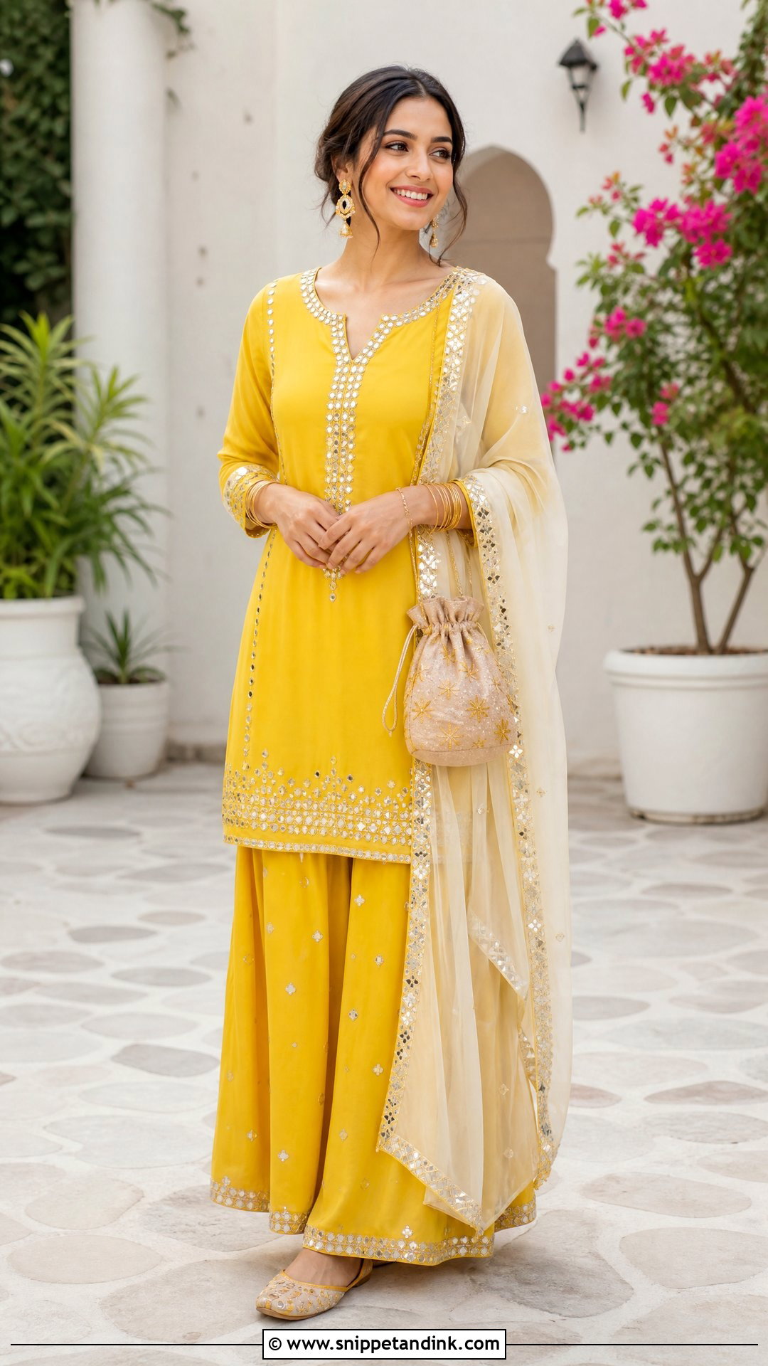 Punjabi Haldi Yellow Palazzo Suit With Mirror Work - Snippet and Ink - 20 Punjabi Haldi Outfit Ideas