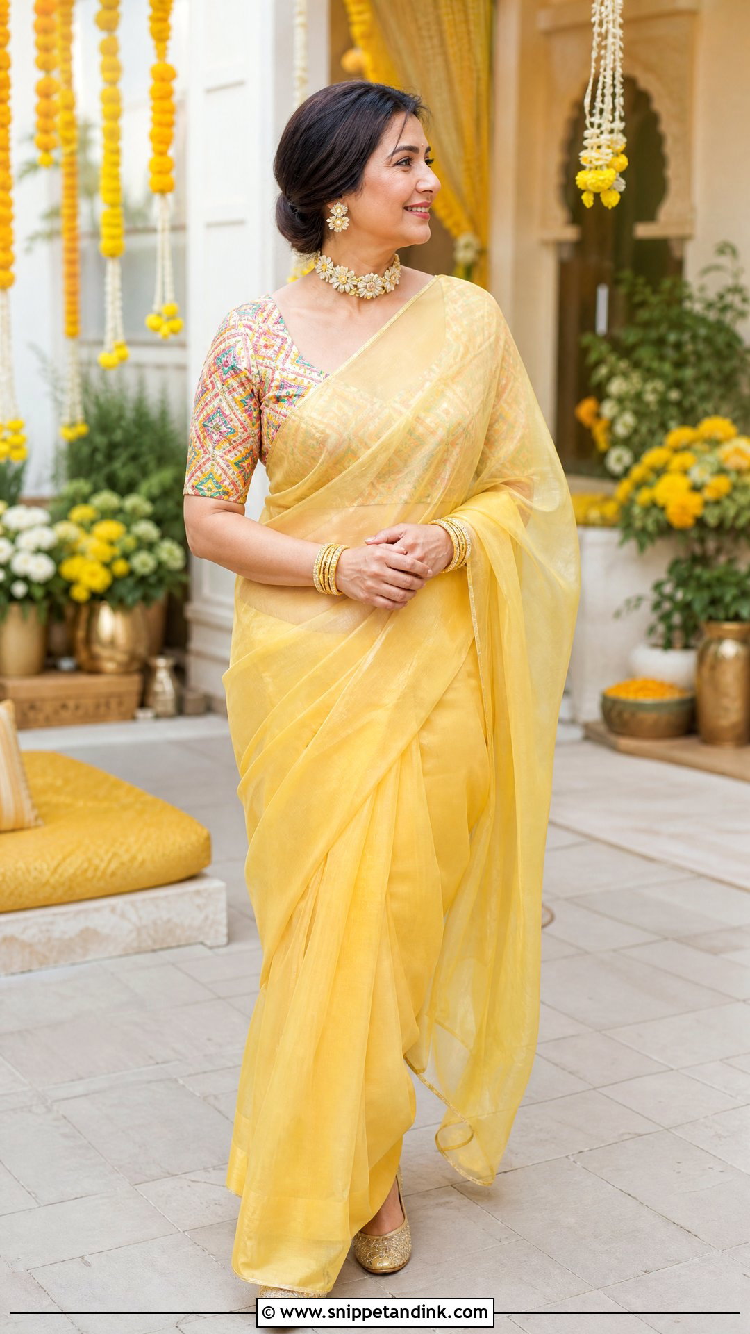 Punjabi Haldi Yellow Saree With Phulkari Blouse - Snippet and Ink - 20 Punjabi Haldi Outfit Ideas