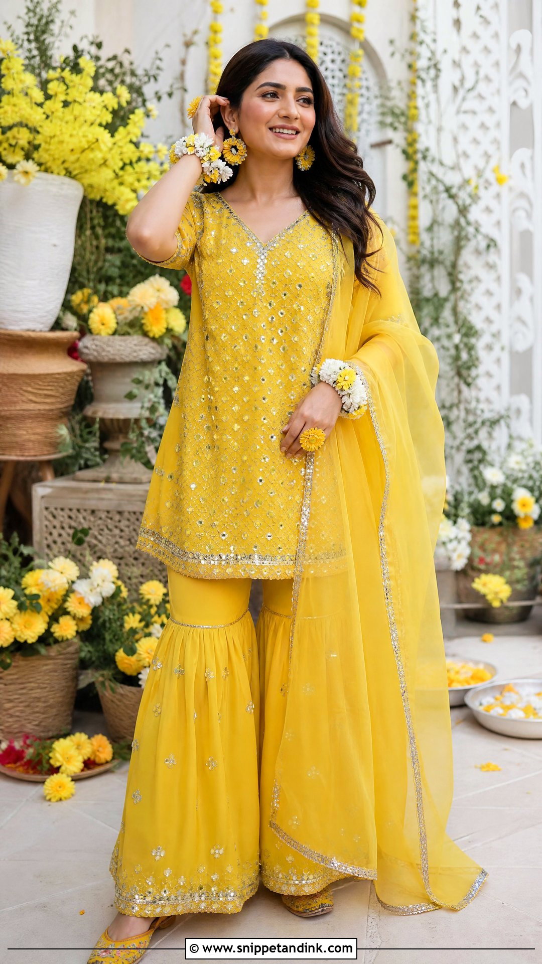 Punjabi Haldi Yellow Sharara With Short Kurti - Snippet and Ink - 20 Punjabi Haldi Outfit Ideas