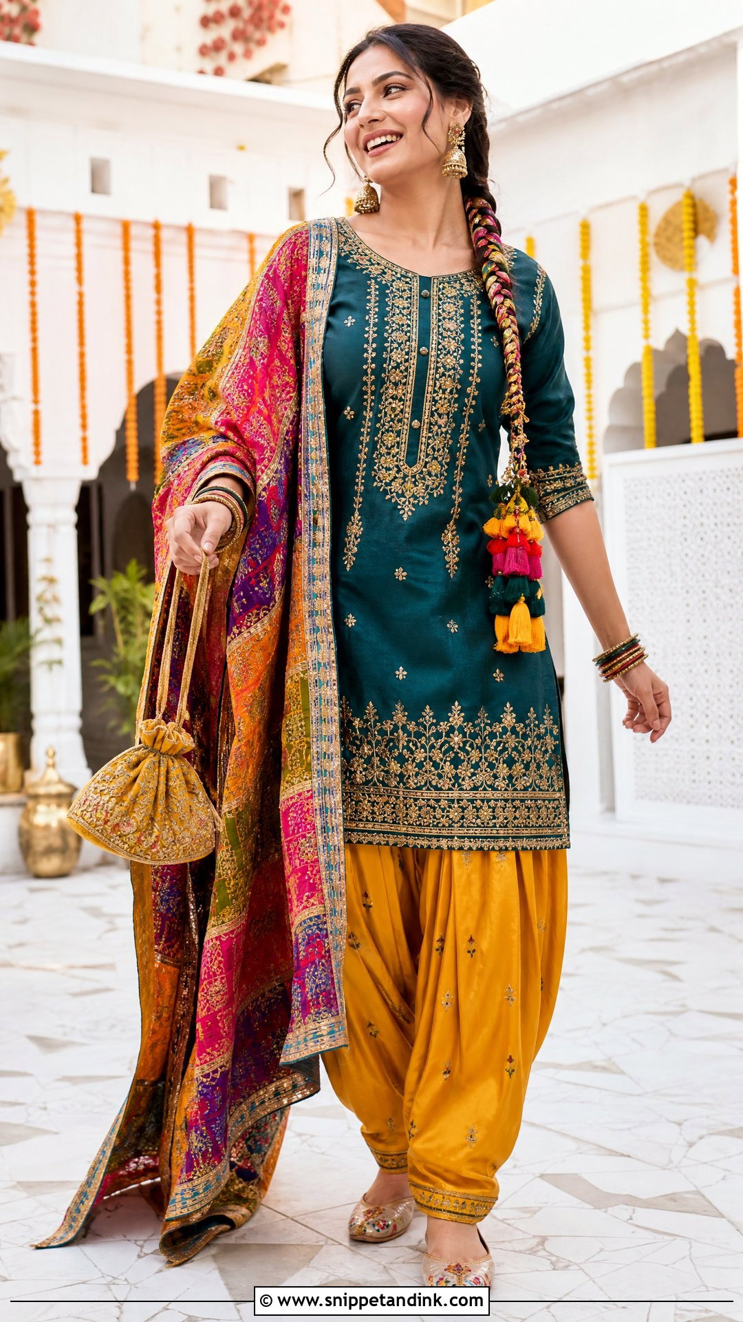 Punjabi Patiala Salwar Suit With Phulkari Dupatta - Snippet and Ink - 20 Traditional Indian Wedding Outfits