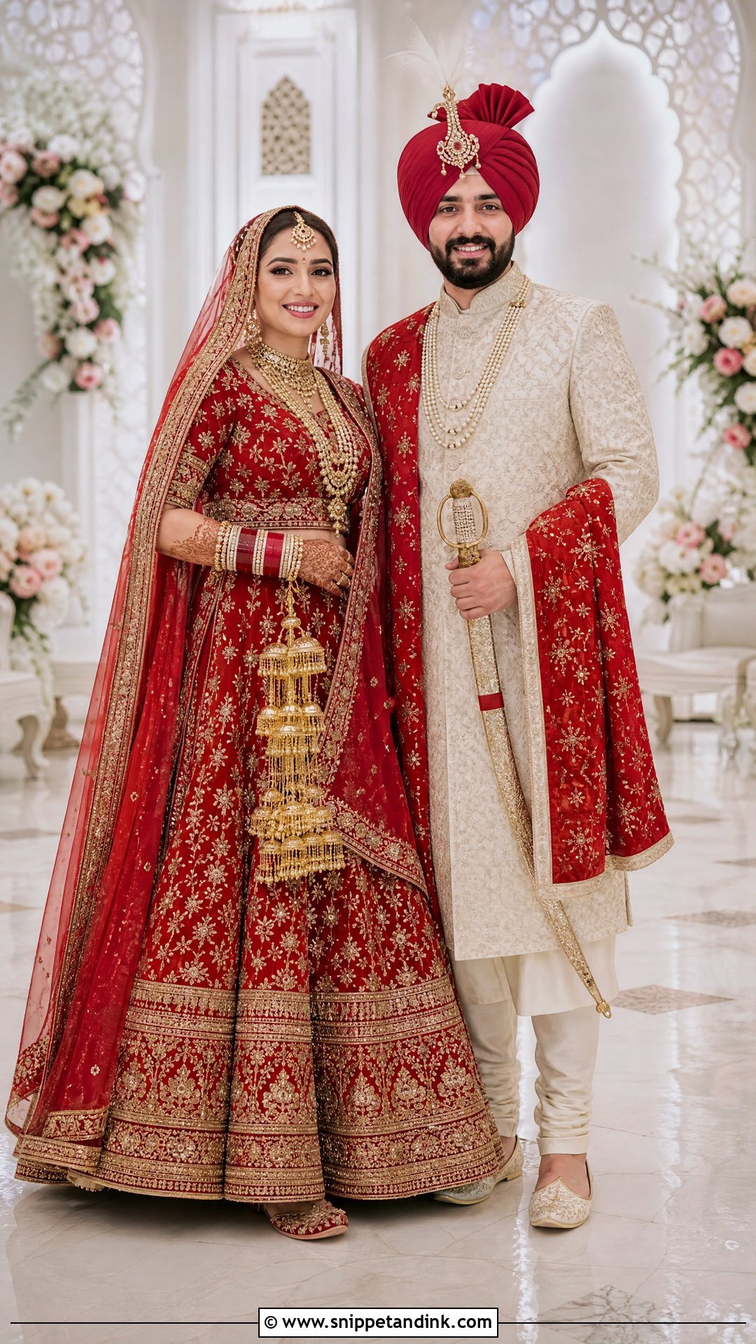 Punjabi Red Lehenga And Embroidered Sherwani Outfit - Snippet and Ink - 20 Indian Couple Wedding Outfit Ideas