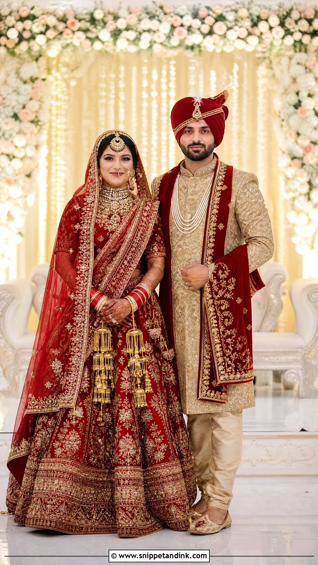 Punjabi Red Lehenga And Gold Sherwani Couple Outfit - Snippet and Ink - 20 Indian Bridal Couple Dress Ideas