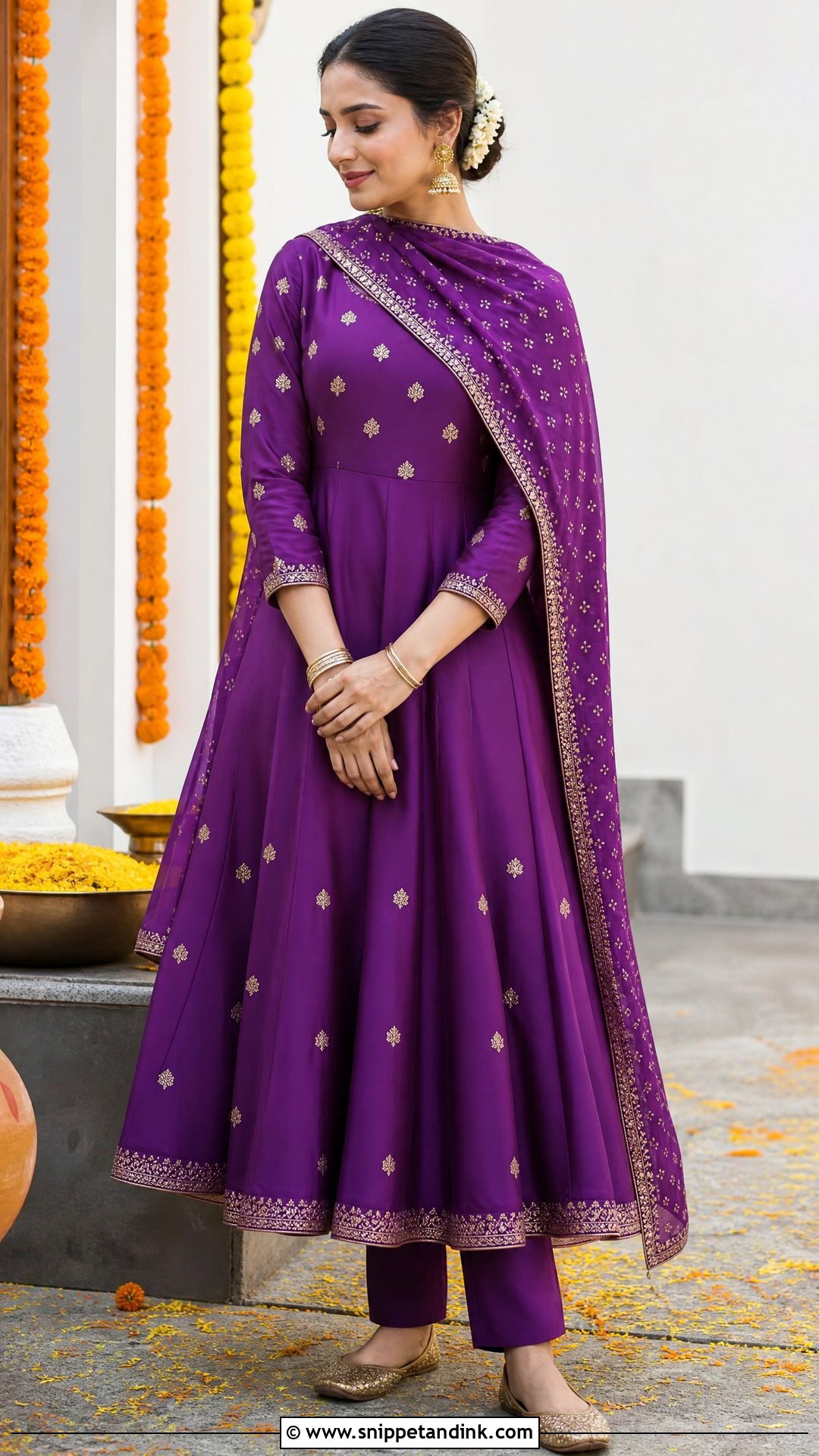 Purple Anarkali With Gold Juttis - Snippet and Ink - 20 Purple Haldi Outfit Ideas