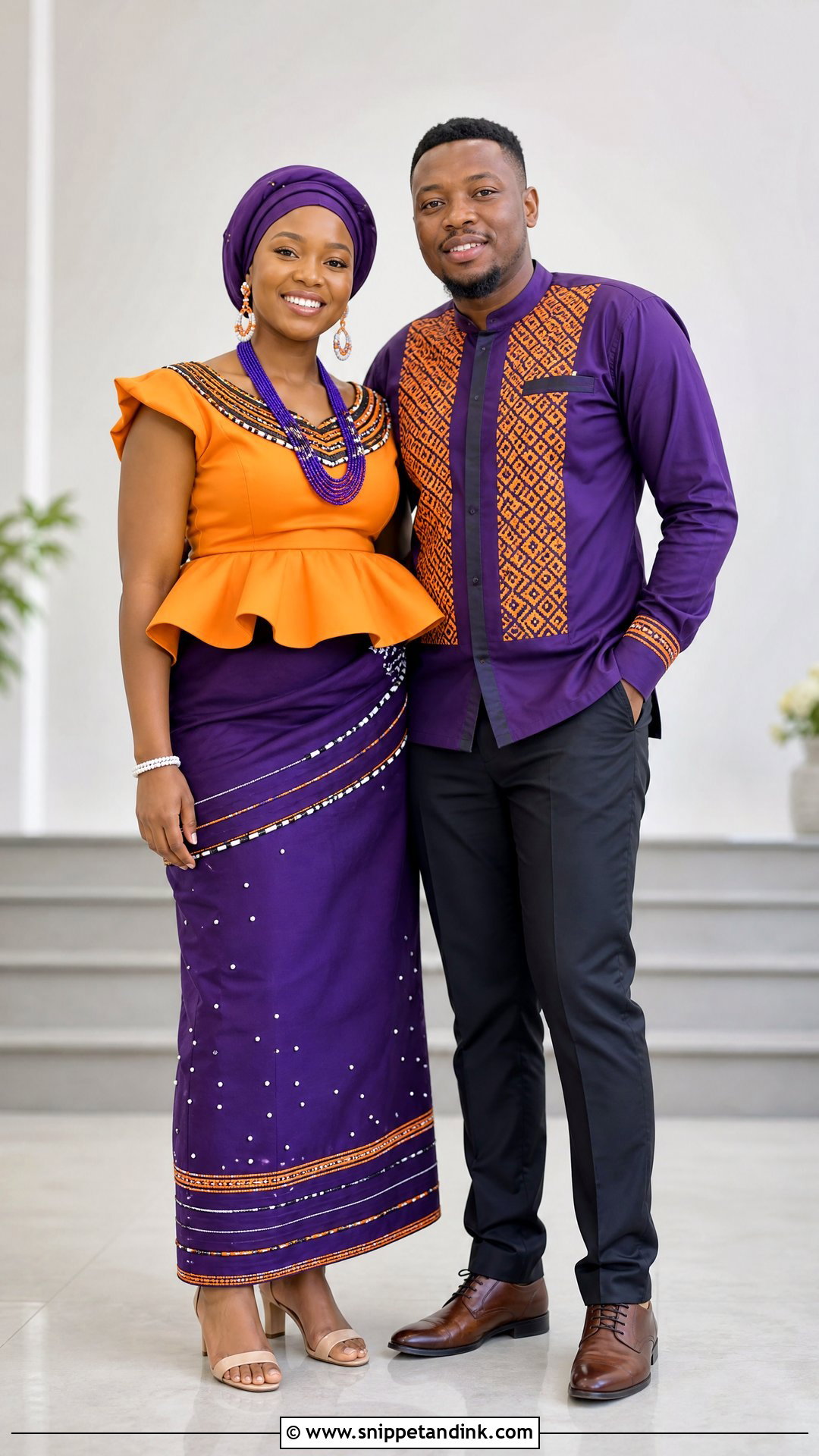 Purple And Orange Tsonga Couple Attire - Snippet and Ink - 20 Tsonga Traditional Attire for Couples Ideas