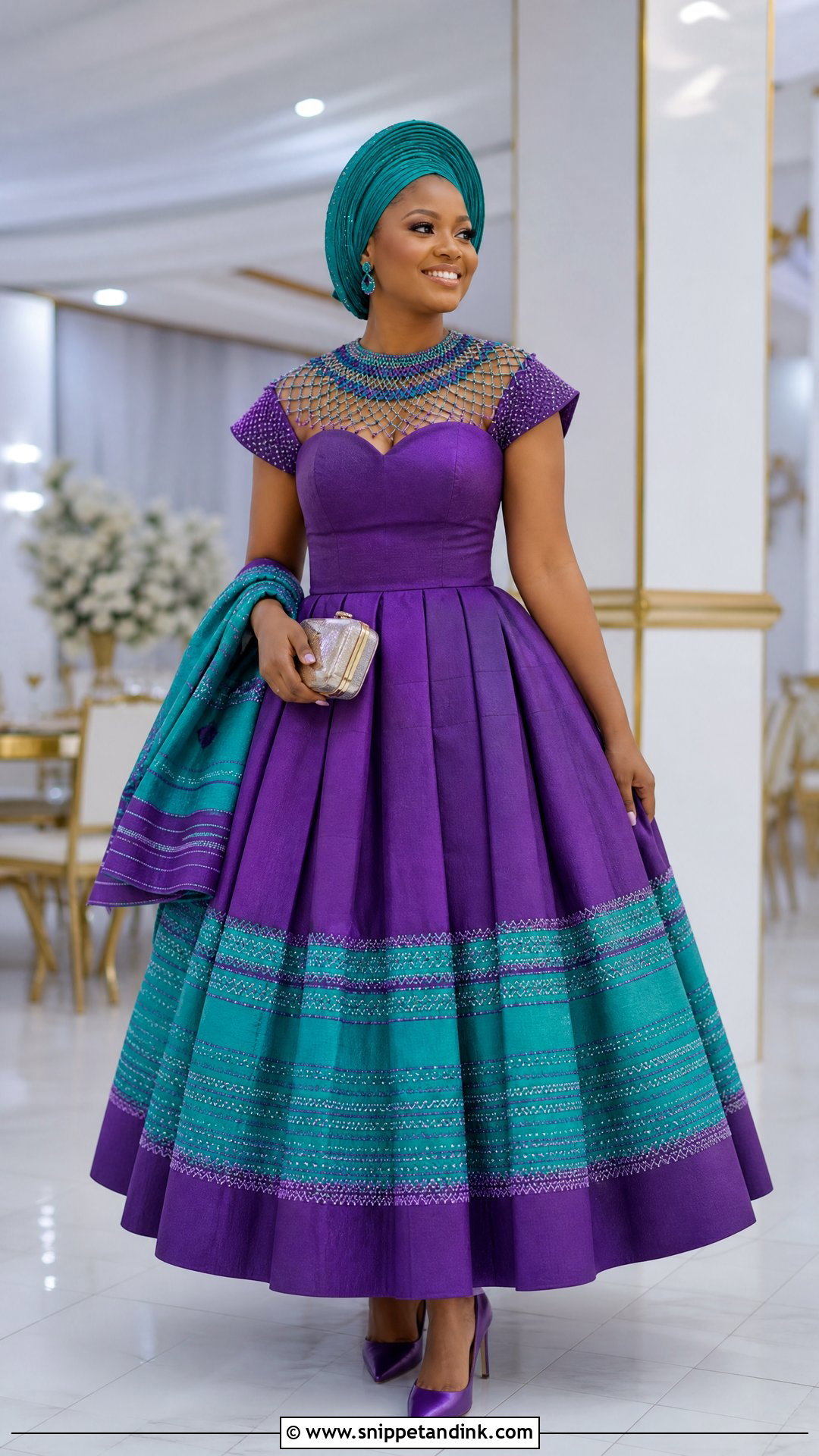 Purple And Turquoise Sepedi Ball Gown - Snippet and Ink - 25 Sepedi Traditional Wedding Dresses