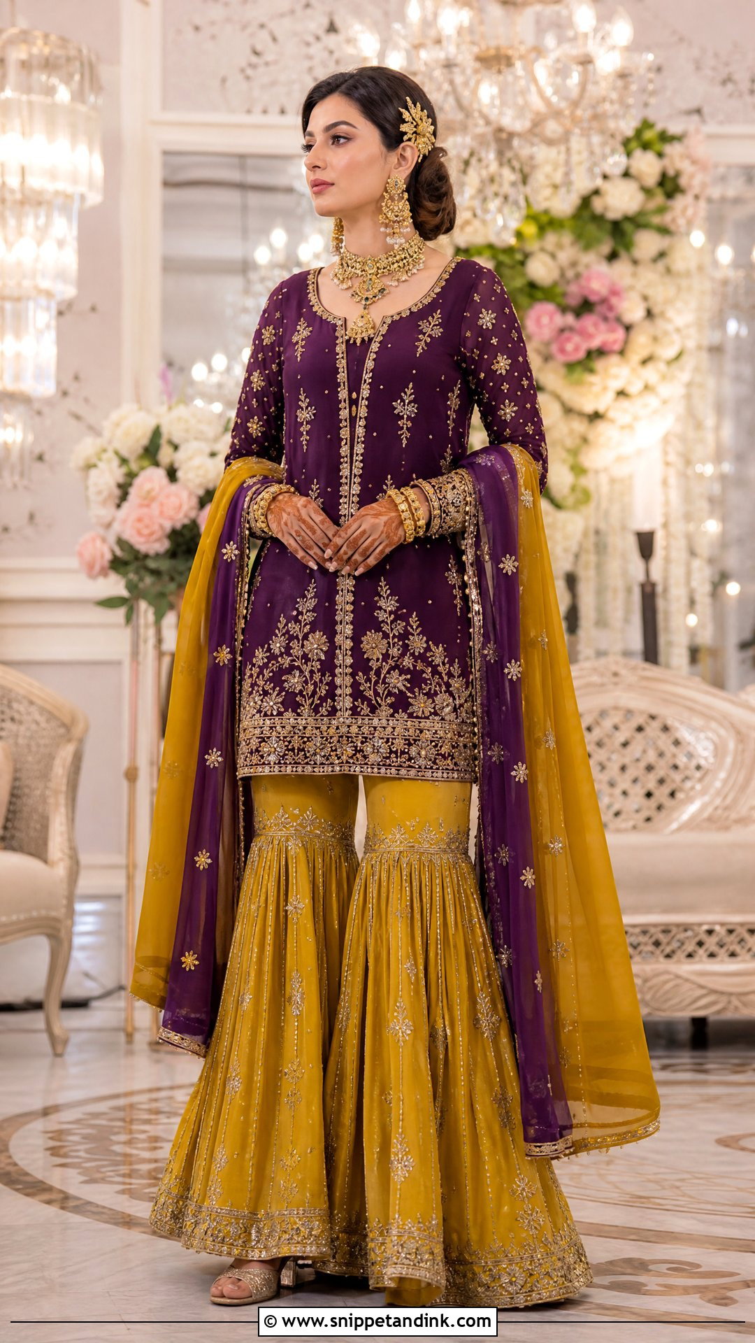 Purple And Yellow Farshi Gharara - Snippet and Ink - 20 Pakistani Bridal Mehndi Dress Ideas
