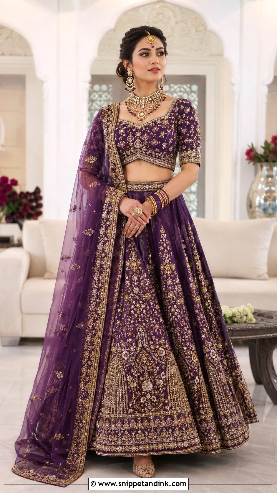Purple Bridal Lehenga With Antique Gold Work - Snippet and Ink - 25 Indian Weddings Bridal Lehnga Dress Ideas