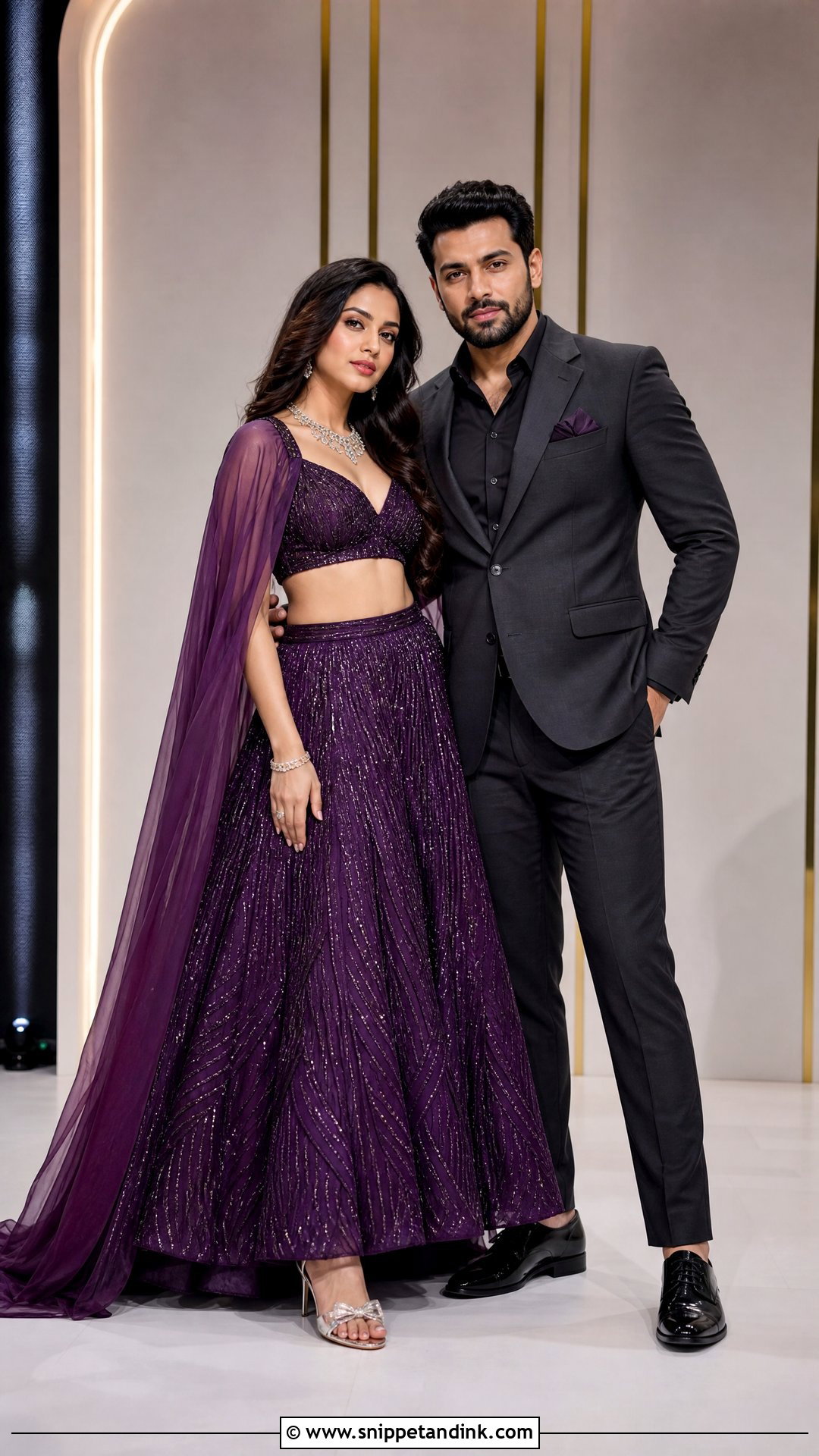 Purple Cape Lehenga And Charcoal Suit Sangeet Couple Outfit - Snippet and Ink - 25 Sangeet Couple Outfits
