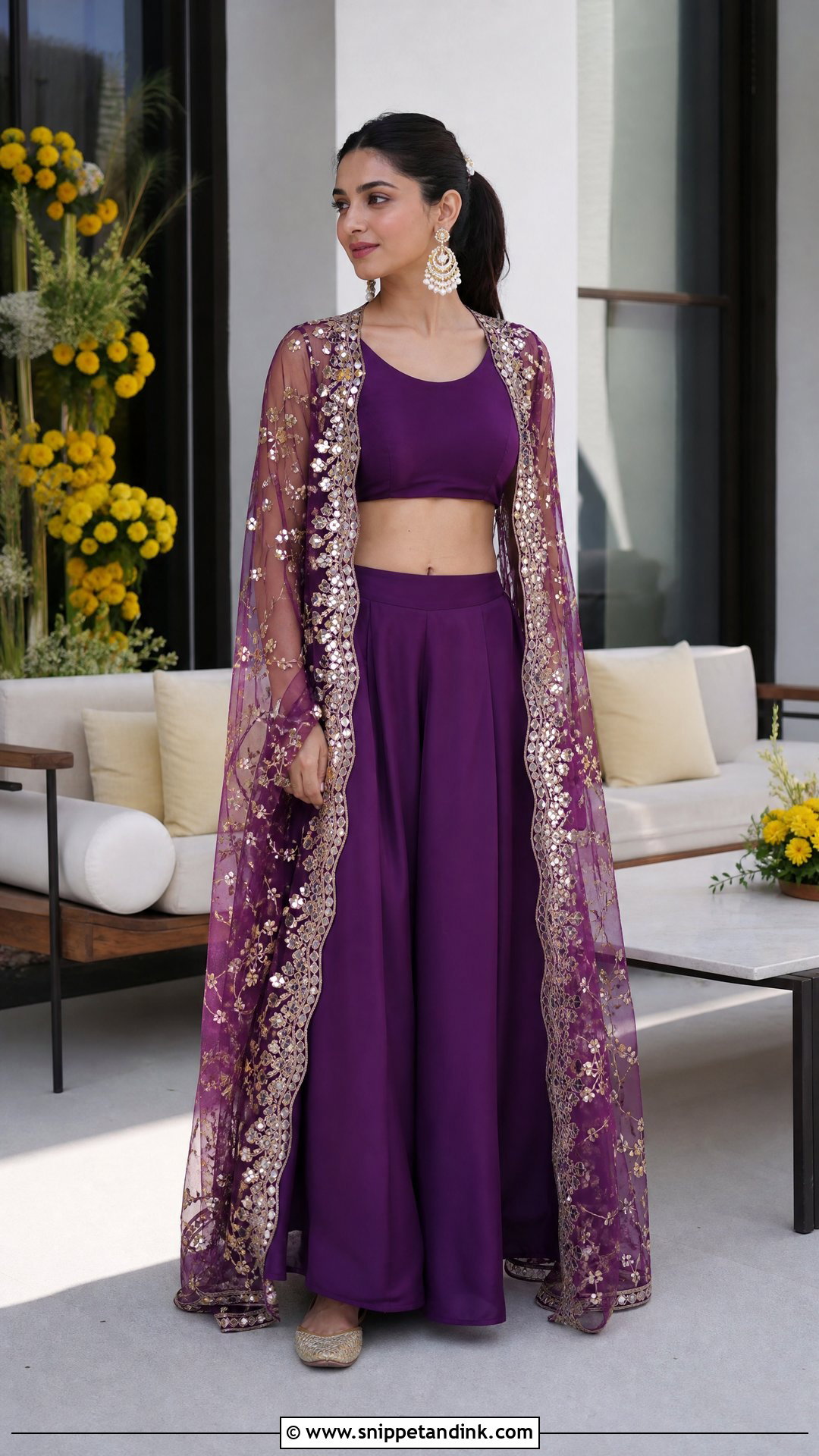 Purple Cape Set With Wide Leg Pants - Snippet and Ink - 20 Purple Haldi Outfit Ideas