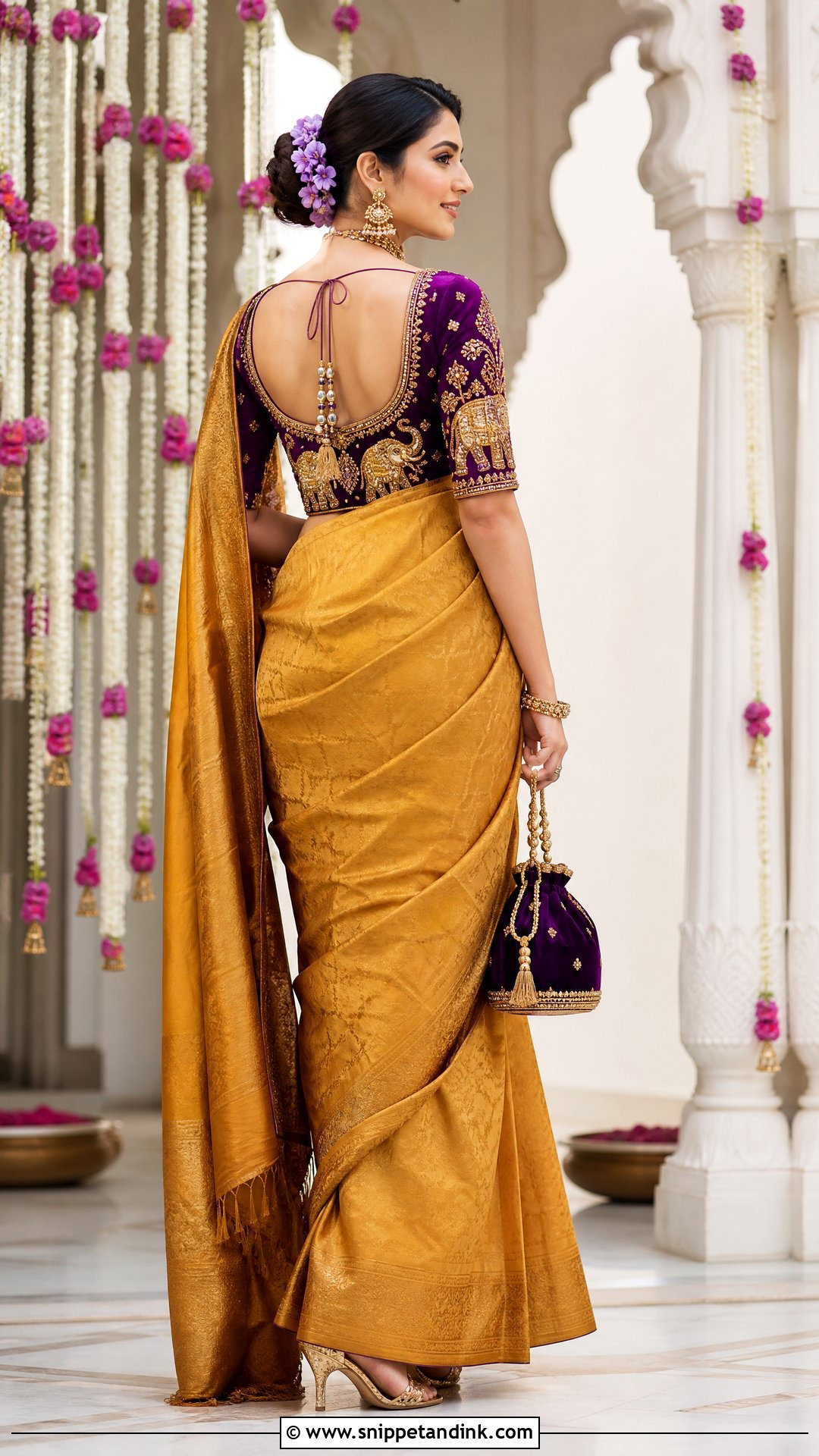 Purple Elephant Maggam Work Blouse With Mustard Saree - Snippet and Ink - 20 Wedding Maggam Work Blouse Designs