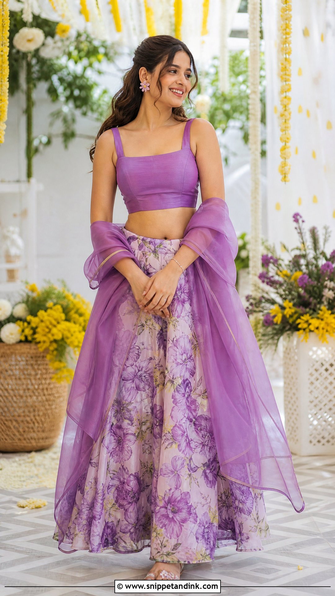 Purple Floral Lehenga With Crop Top - Snippet and Ink - 20 Purple Haldi Outfit Ideas