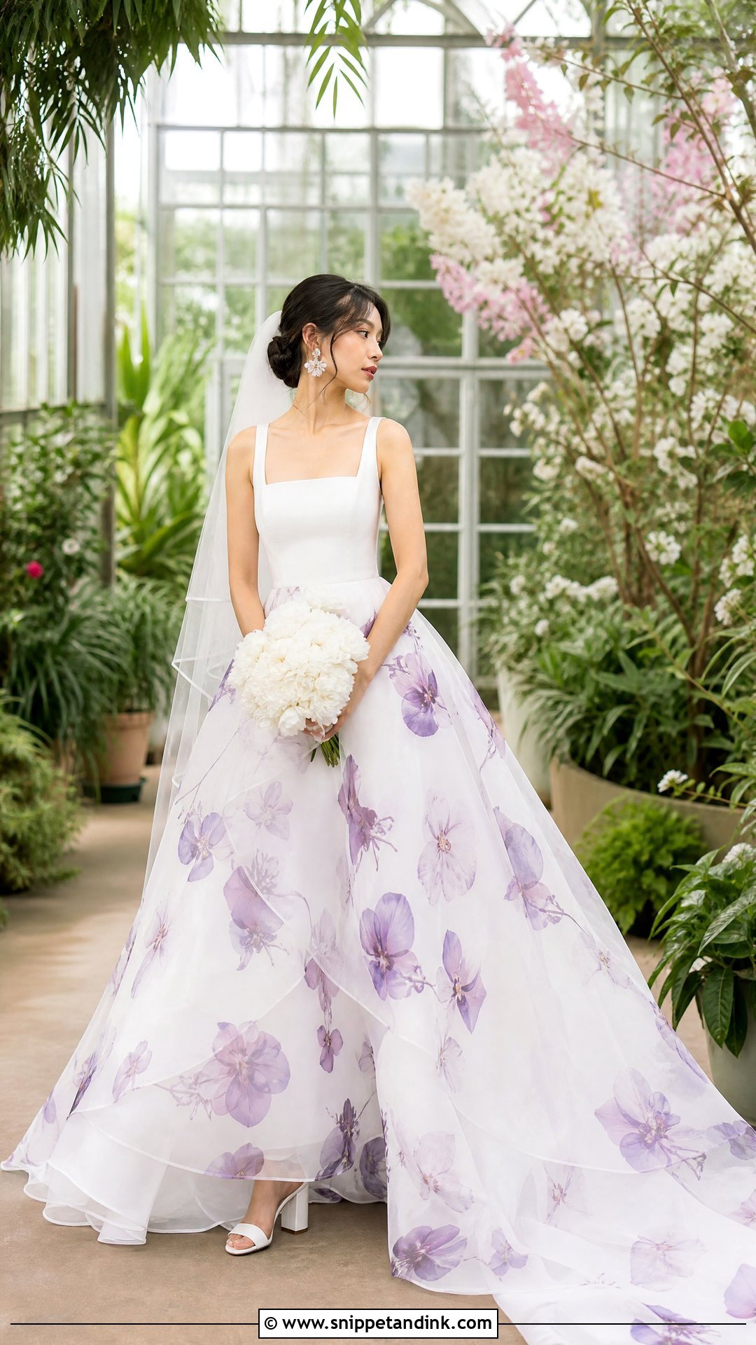 Purple Floral Print and White Organza Wedding Dress - Snippet and Ink - 25 Purple and White Wedding Dress Ideas