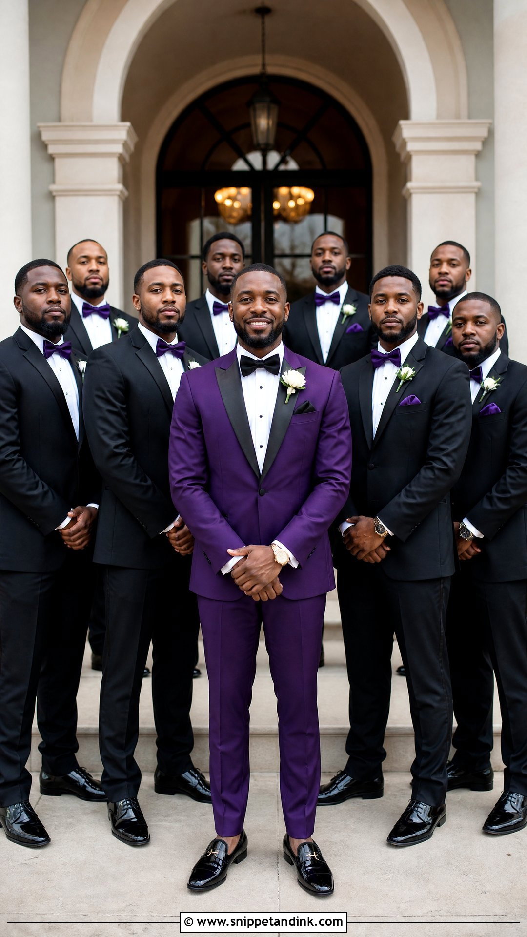 Purple Groom Tuxedo With Black Groomsmen Suits - Snippet and Ink - 20 Purple Tuxedo Wedding Ideas