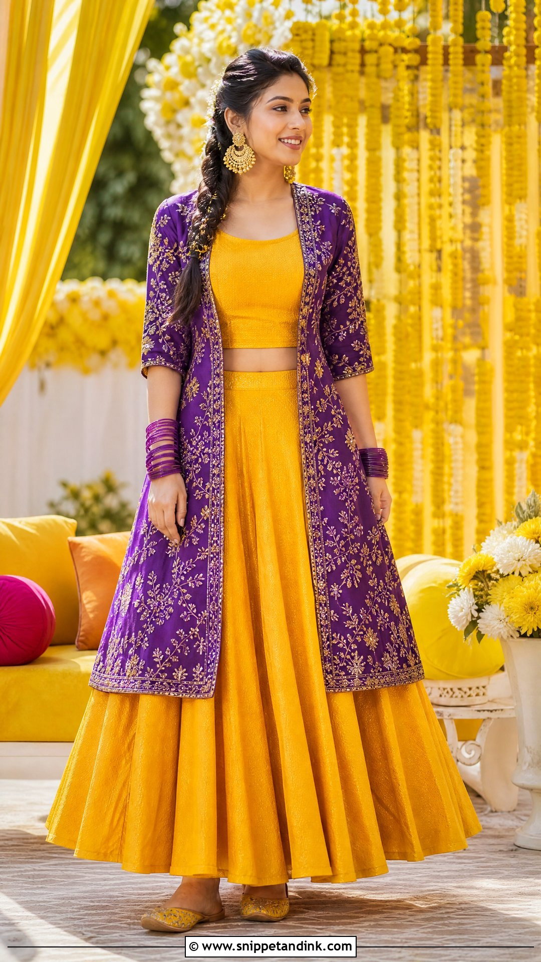 Purple Jacket Lehenga With Yellow Skirt - Snippet and Ink - 20 Purple Haldi Outfit Ideas