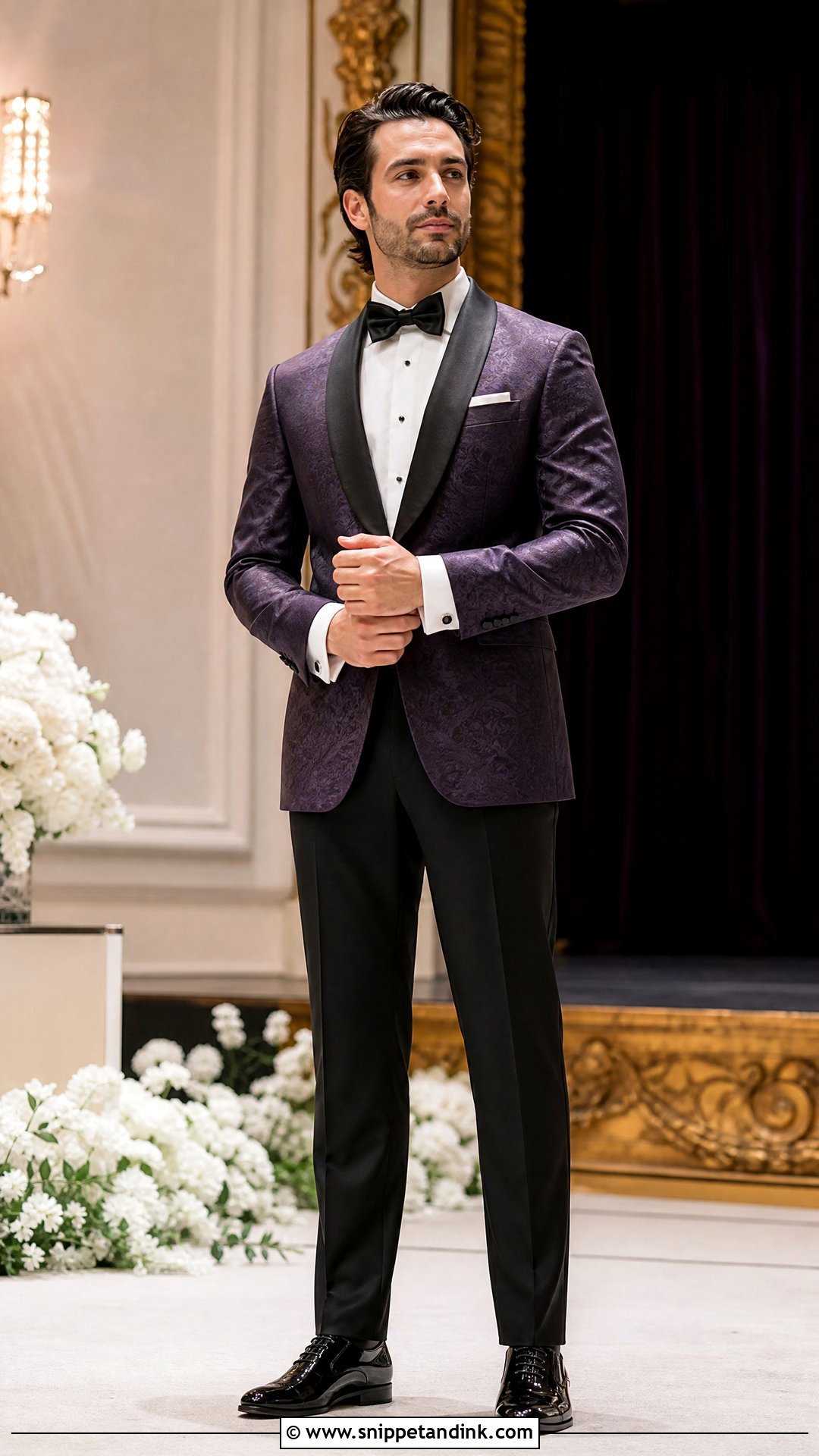 Purple Jacquard Tuxedo With Black Pants - Snippet and Ink - 20 Purple Tuxedo Wedding Ideas