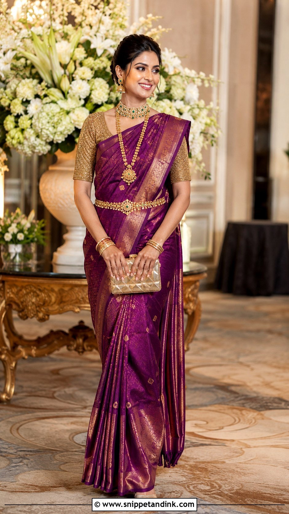 Purple Kanjeevaram Konkani Reception Look - Snippet and Ink - 20 Konkani Bride Ideas