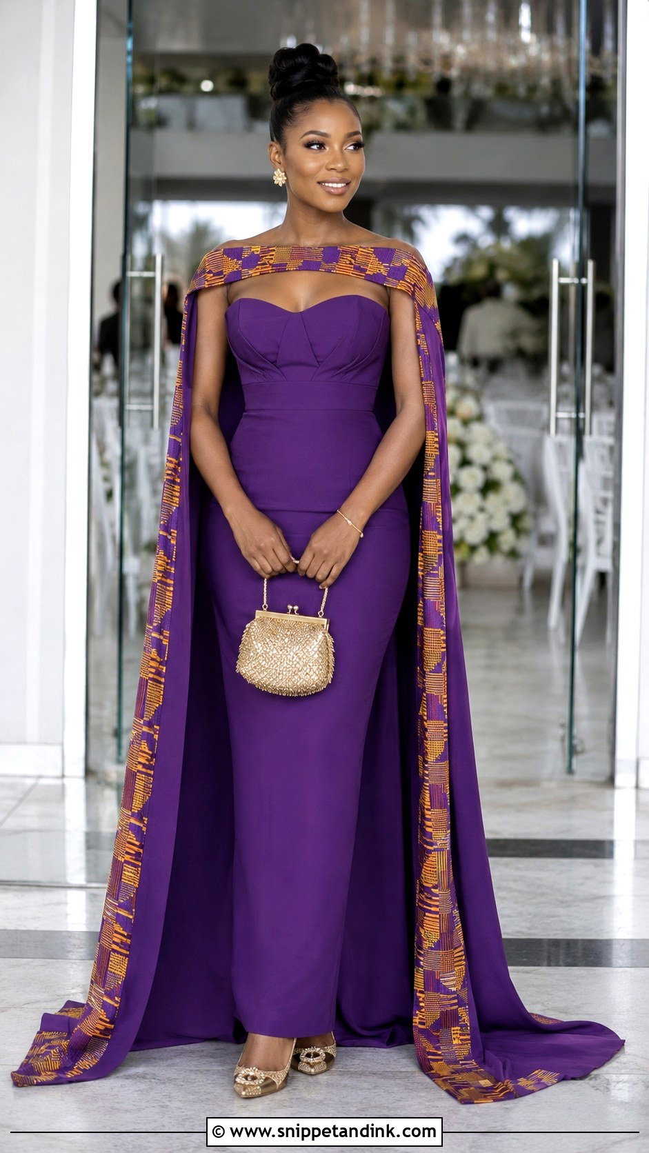 Purple Kente Cape Wedding Dress - Snippet and Ink - 20 Ghana Traditional Wedding Dresses