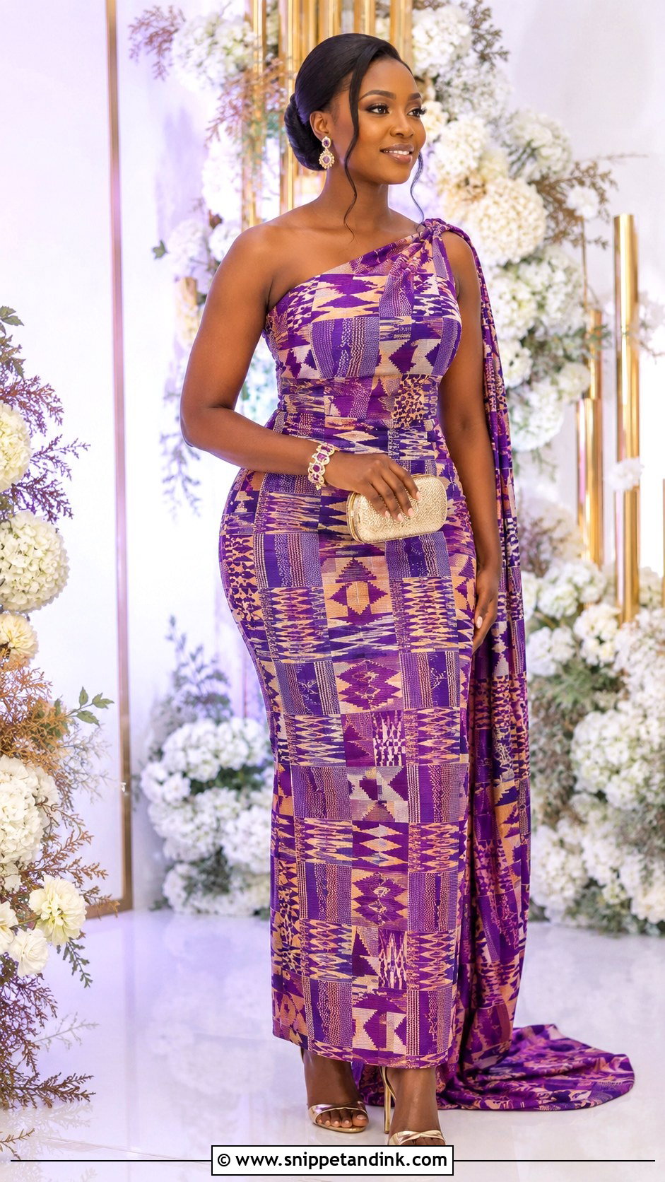 Purple Kente One Shoulder Wedding Dress - Snippet and Ink - 20 Ghanian Wedding Dress Ideas