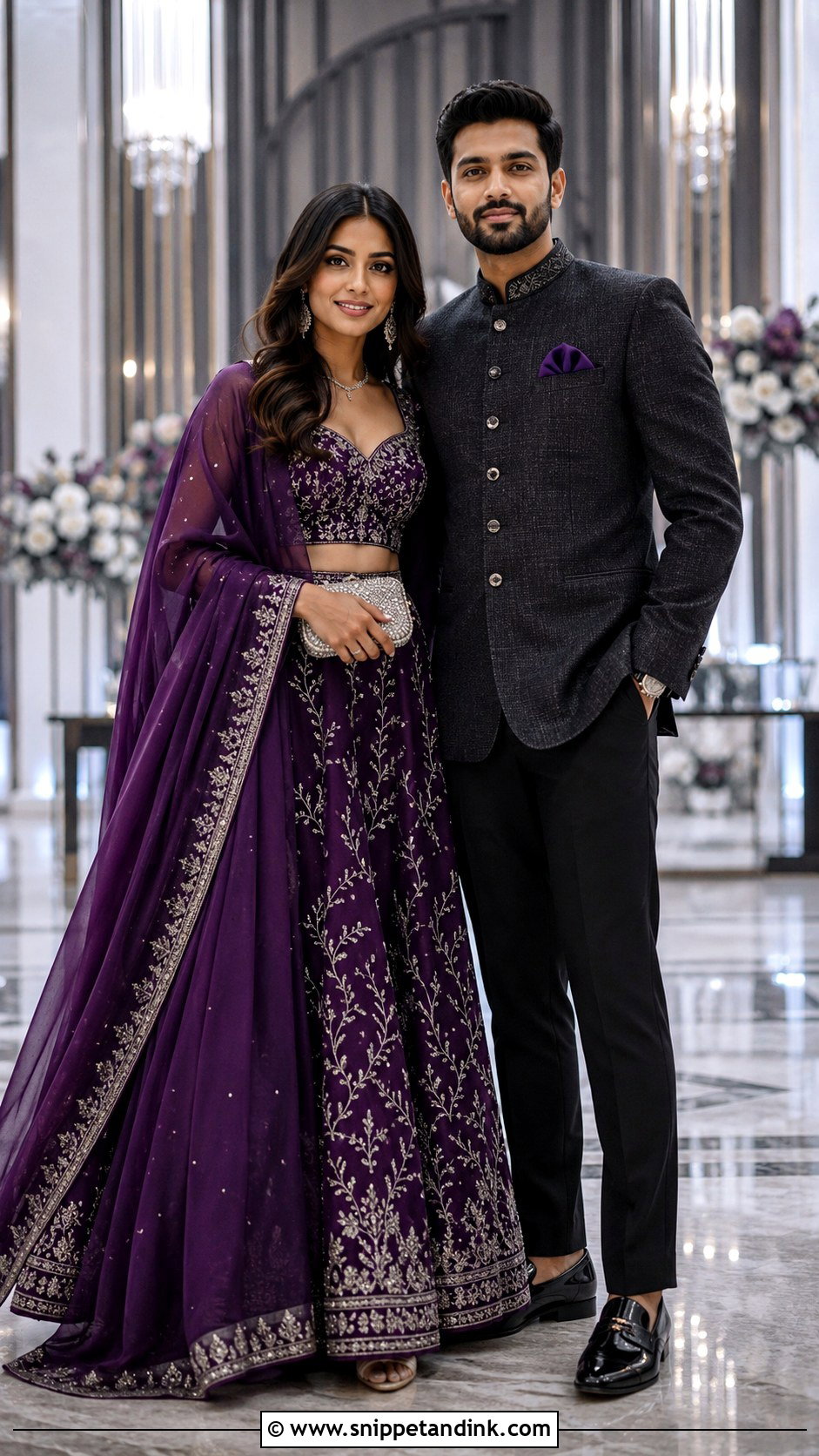 Purple Lehenga And Charcoal Bandhgala Couple Outfit - Snippet and Ink - 20 Indian Wedding Couple Outfits