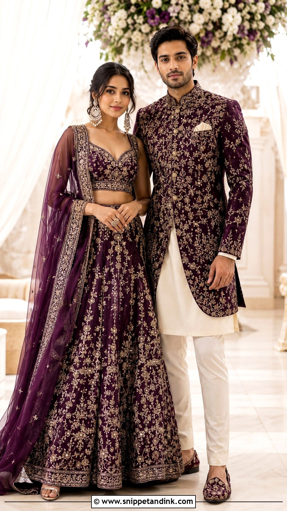 Purple Lehenga And Embroidered Bandhgala Couple Outfit - Snippet and Ink - 20 Desi Couple Outfits