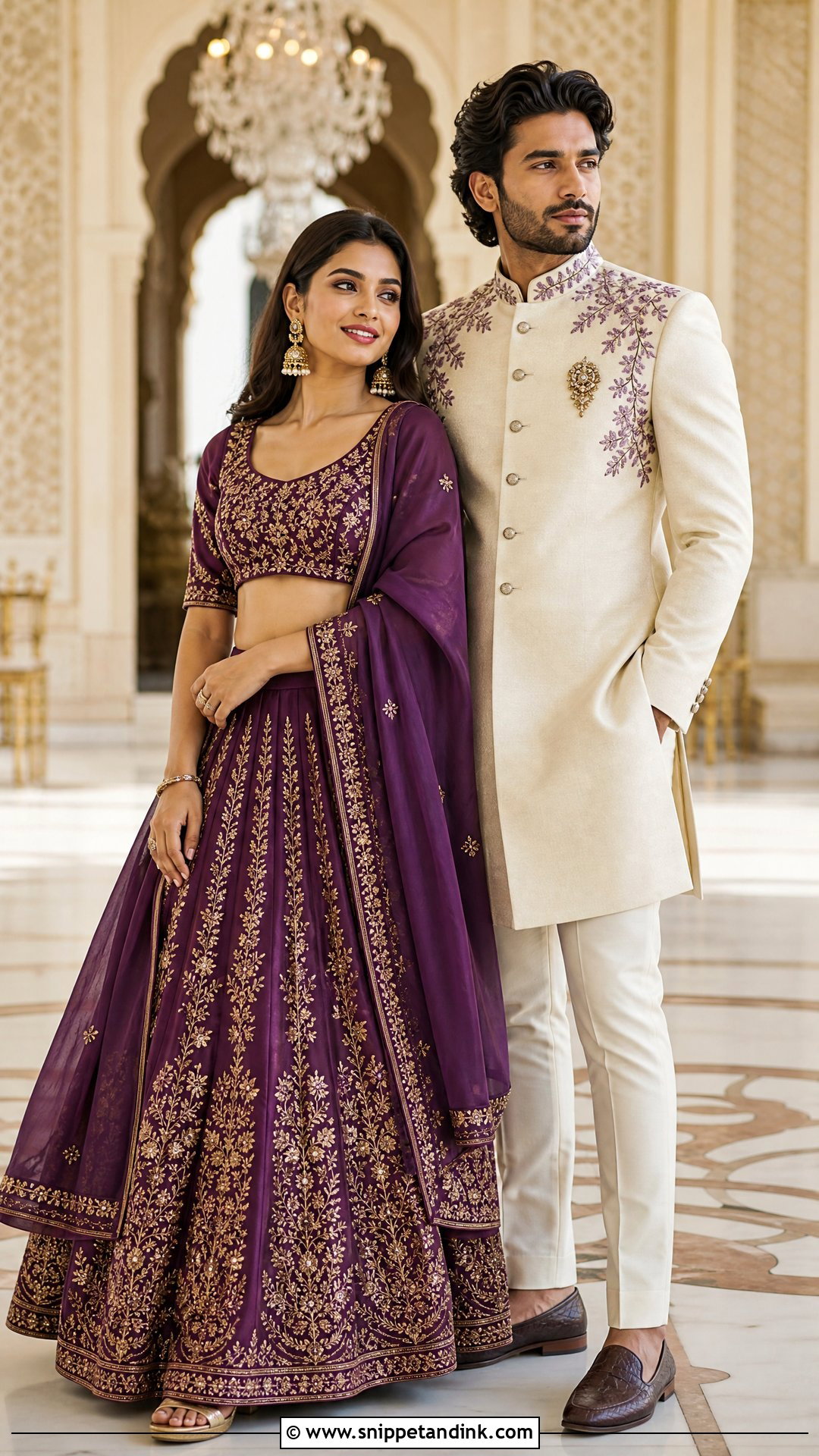 Purple Lehenga And Ivory Bandhgala Sangeet Couple Outfit - Snippet and Ink - 20 Sangeet Outfit for Couple Ideas