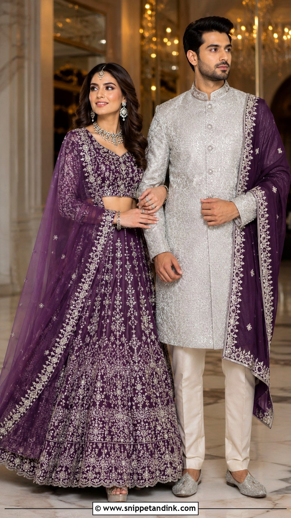 Purple Lehenga And Silver Sherwani Wedding Couple Dress Combination - Snippet and Ink - 25 Wedding Couple Dress Combination Ideas