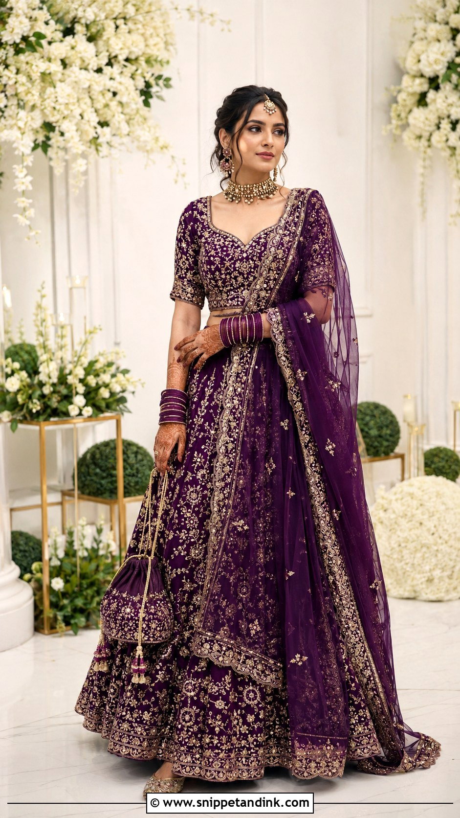 Purple Lehenga With Elbow Bridal Dupatta - Snippet and Ink - 20 Bridal Dupatta Style Ideas