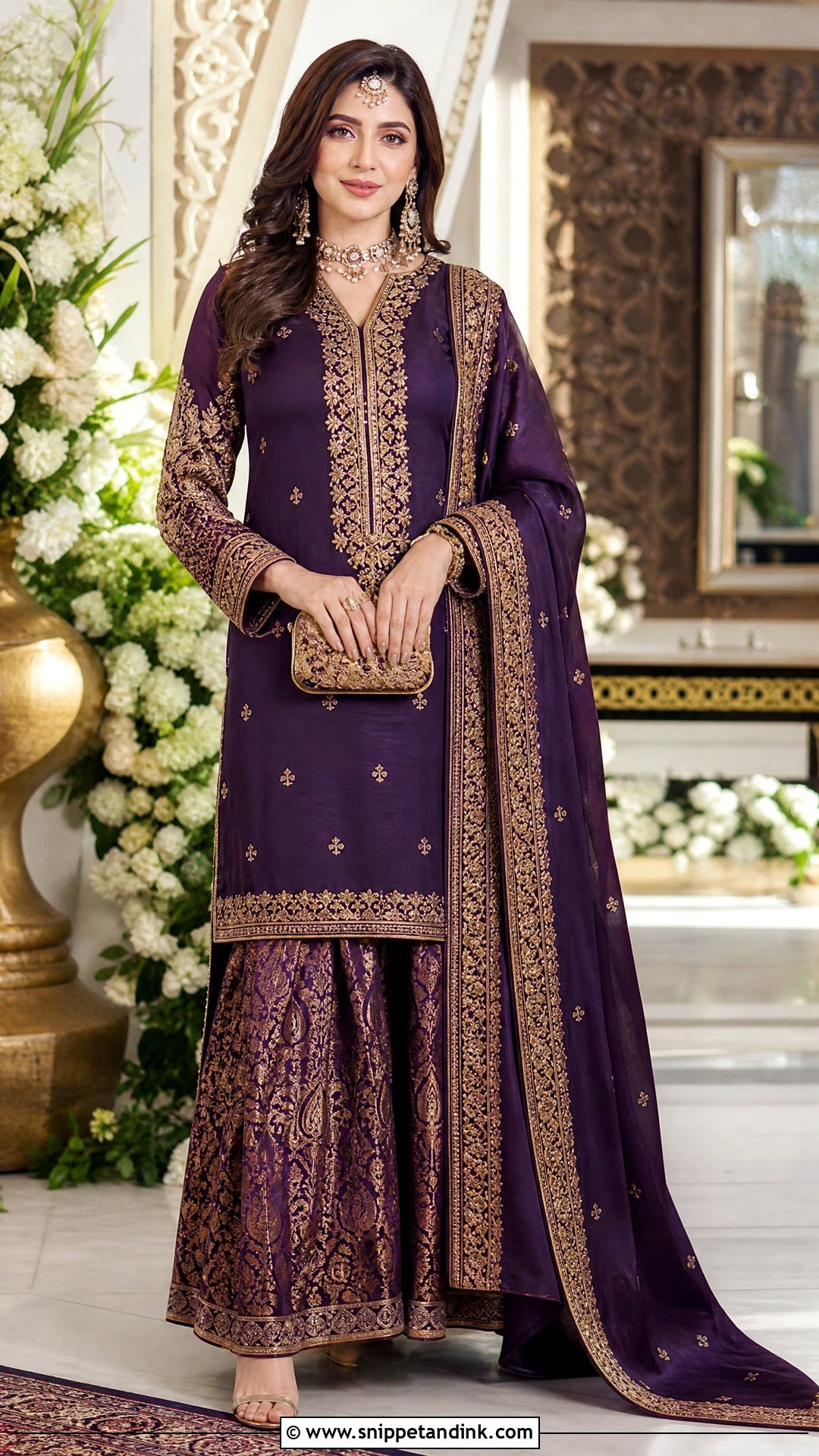 Purple Long Shirt With Jamawar Gharara - Snippet and Ink - 25 Pakistani Long Shirt Wedding Dress Ideas