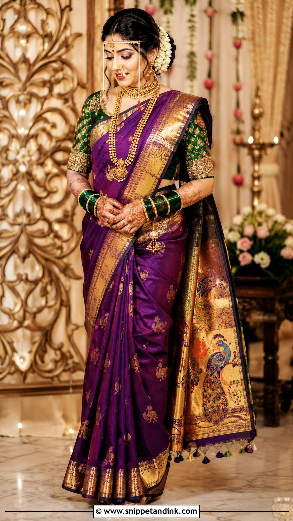 Purple Marathi Bride Paithani Saree - Snippet and Ink - 30 Marathi Bride Look Ideas