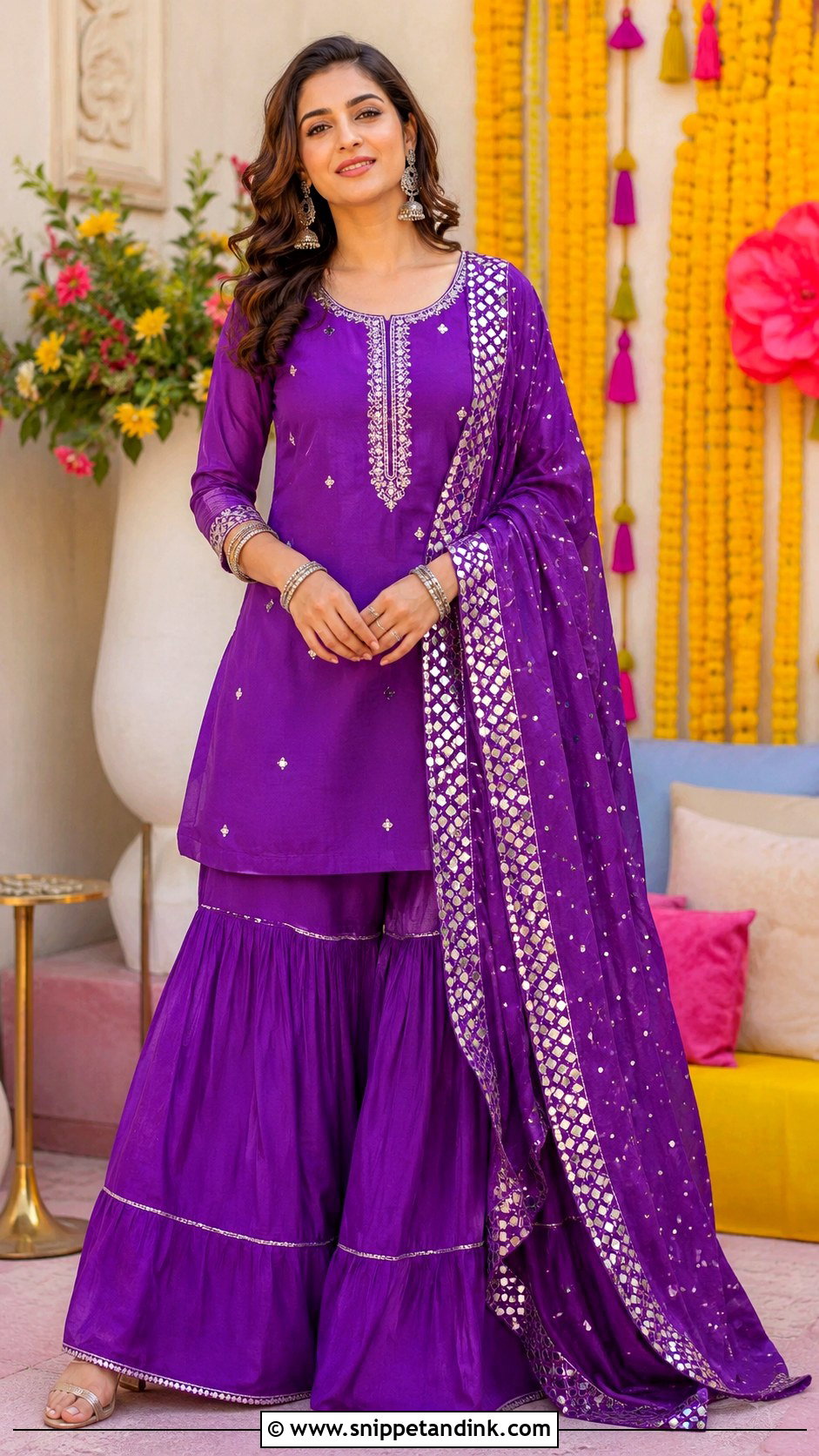 Purple Mehndi Sharara With Mirror Dupatta - Snippet and Ink - 25 Mehndi Sharara Outfit Ideas