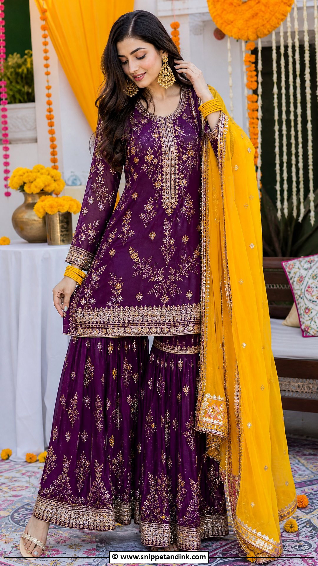 Purple Mehndi Sharara With Yellow Dupatta - Snippet and Ink - 35 Mehndi Dresses