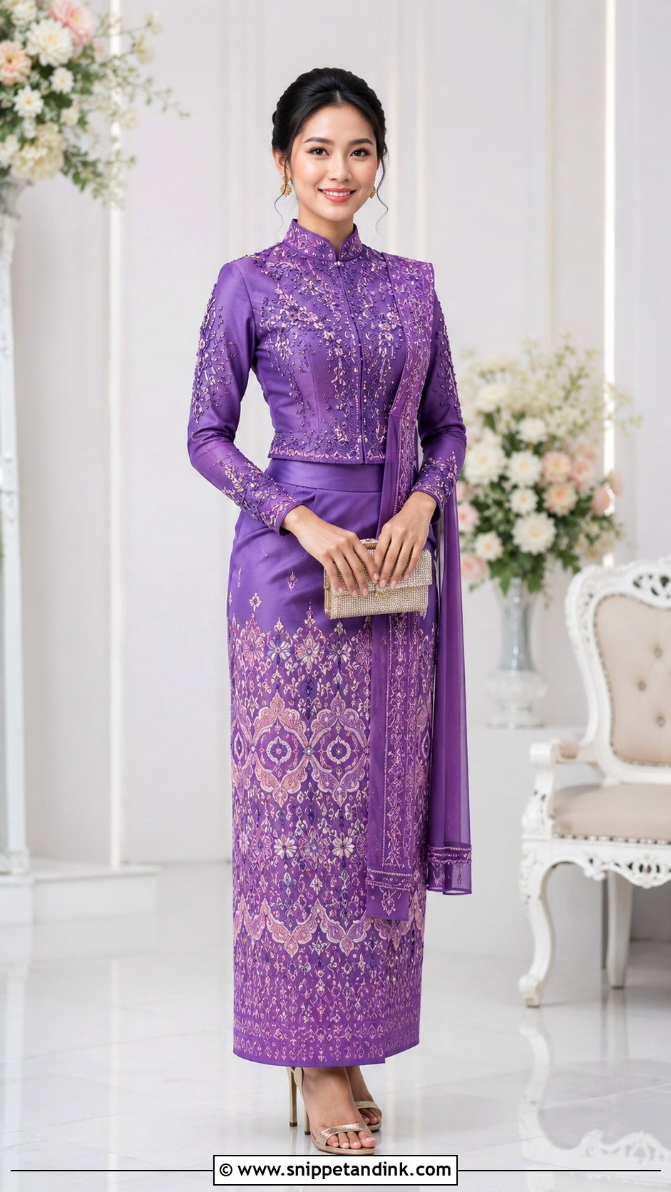 Purple Myanmar Wedding Dress With Embroidered Blouse - Snippet and Ink - 25 Myanmar Traditional Wedding Dress Ideas