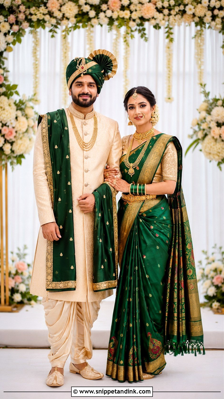 Purple Paithani Saree And Gold Kurta Couple Outfit - Snippet and Ink - 25 Maharashtrian Wedding Couple Outfits