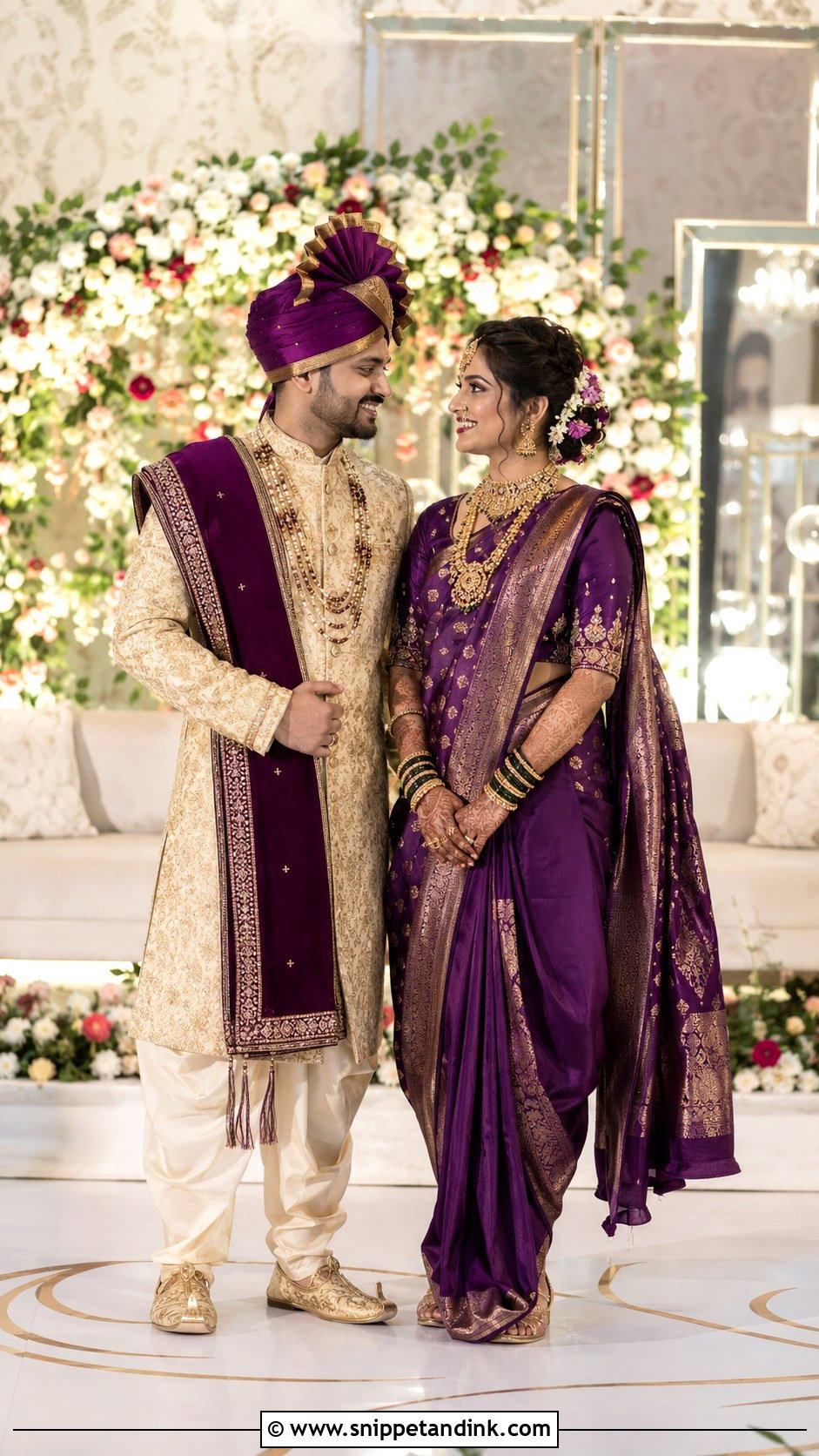 Purple Paithani Saree And Gold Sherwani Peshwai Look - Snippet and Ink - 25 Peshwai Look for Wedding Couple Ideas