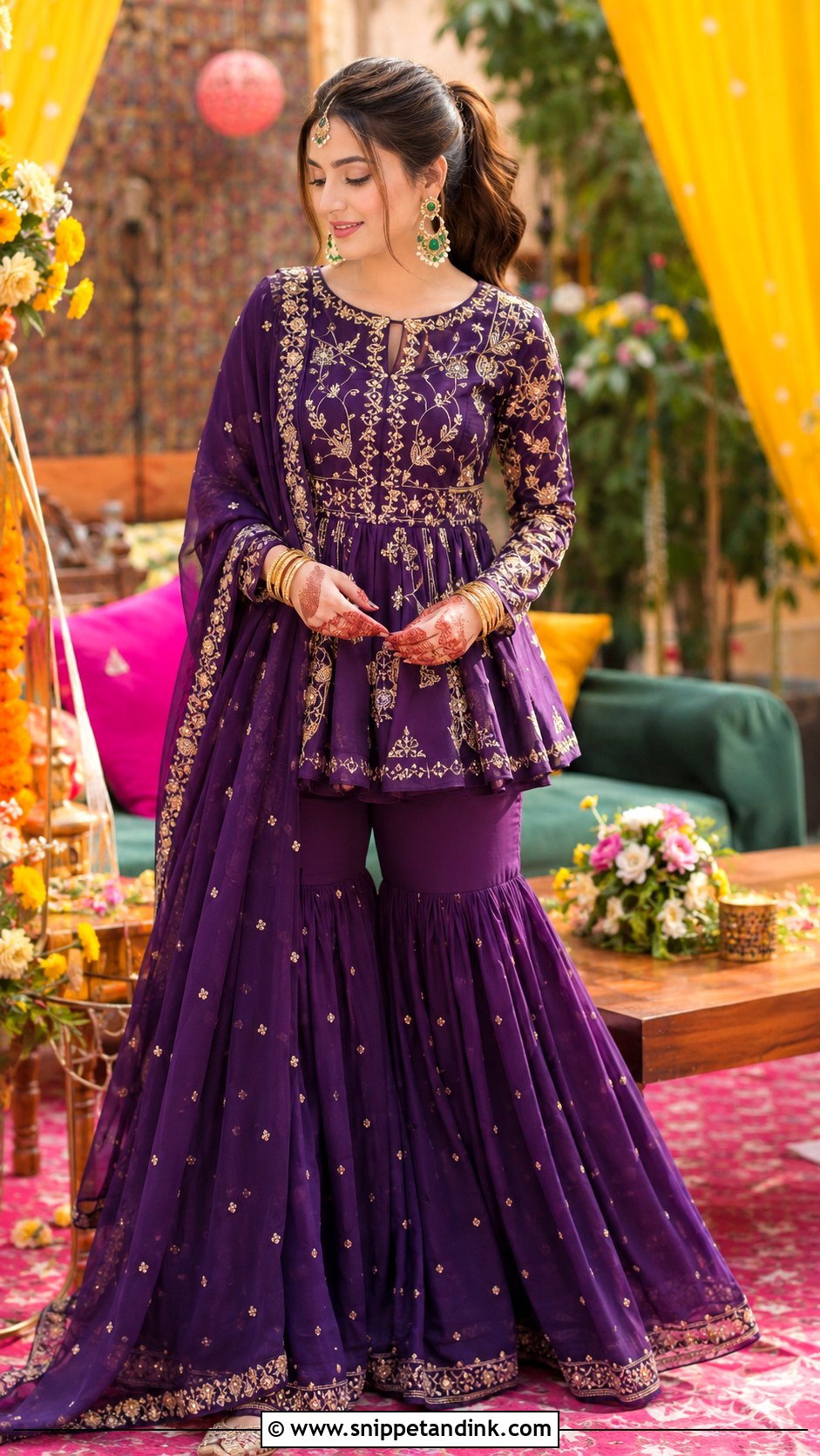 Purple Peplum Sharara Mehndi Bride Outfit - Snippet and Ink - 20 Haldi Mehndi Outfit for Bride Ideas