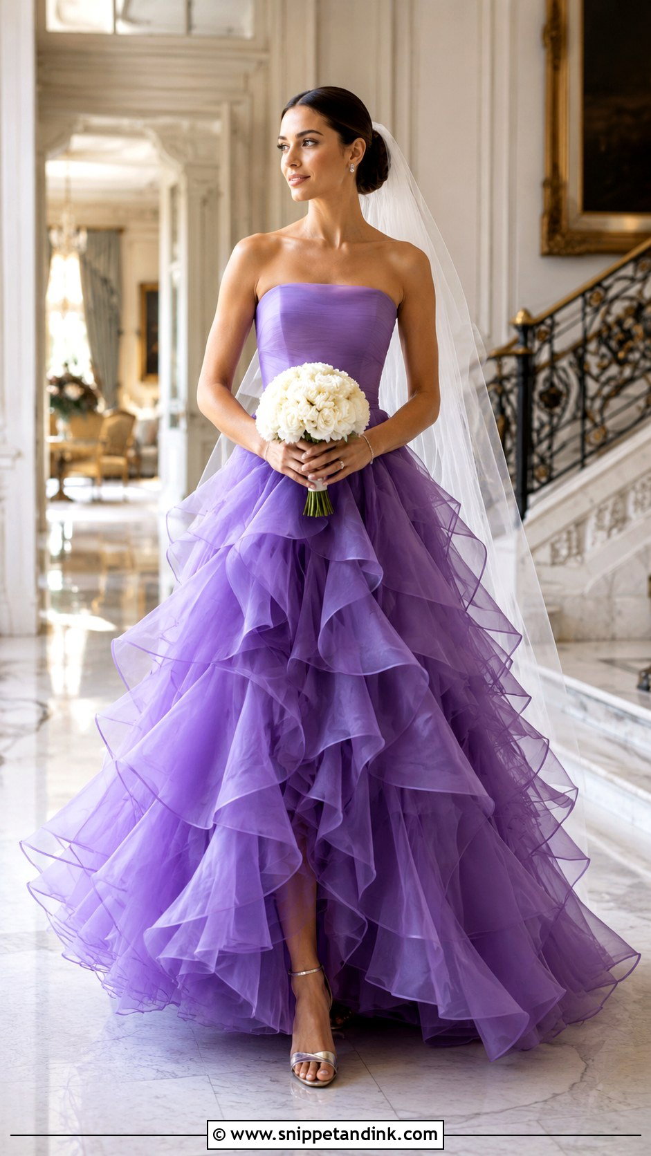 Purple Ruffle Organza Wedding Dress With Simple Jewelry - Snippet and Ink - 20 Purple Wedding Dress the Bride Ideas