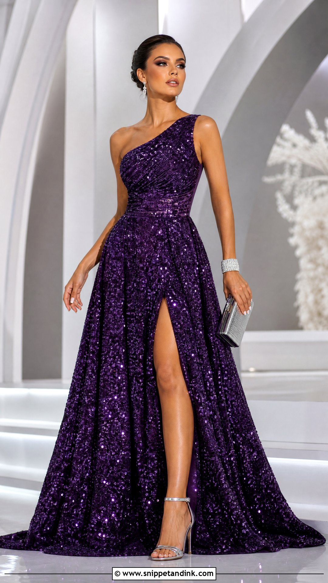 Purple Sequin Ball Gown With Silver Accessories - Snippet and Ink - 20 Sequin Ball Gown Ideas