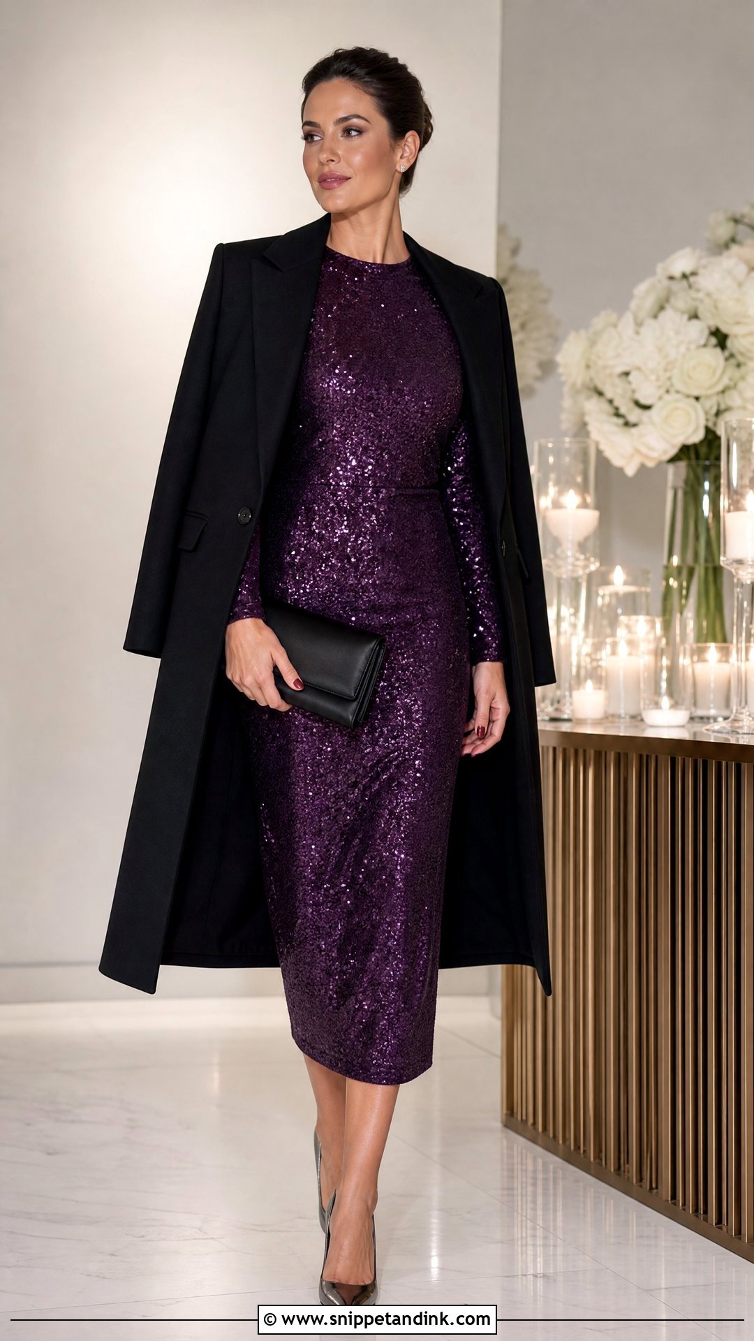 Purple Sequin Midi Dress With Simple Accessories - Snippet and Ink - 20 Purple Dresses for Wedding