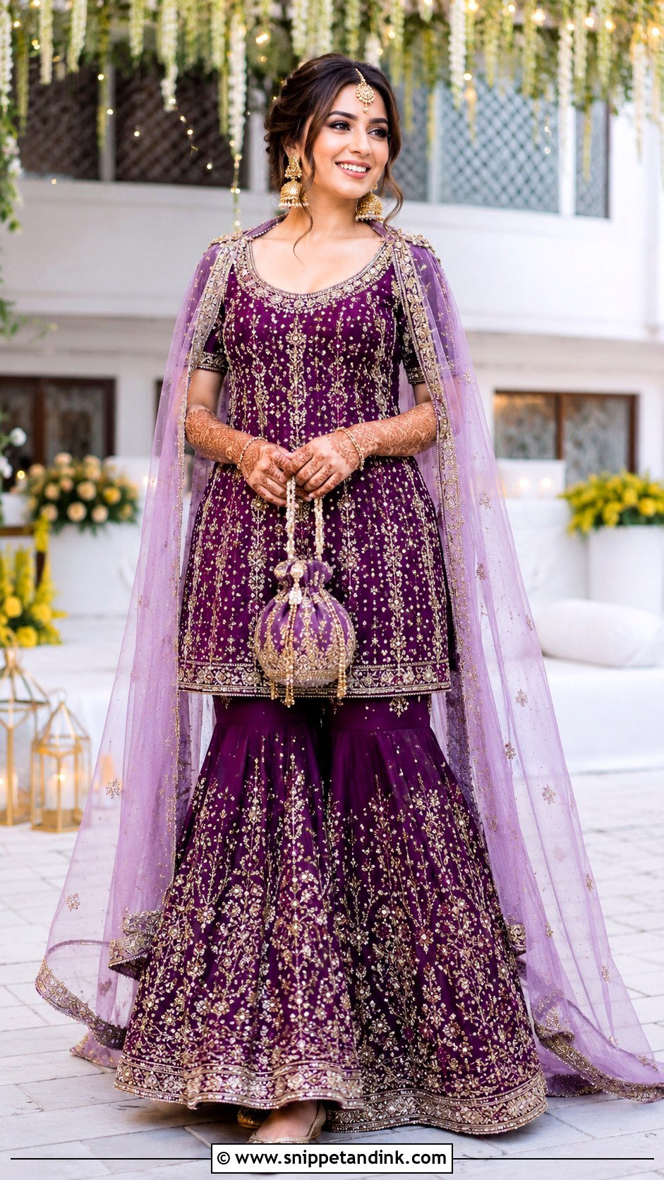 Purple Sharara Bride Mehandi Outfit - Snippet and Ink - 20 Bride Mehandi Outfit Ideas