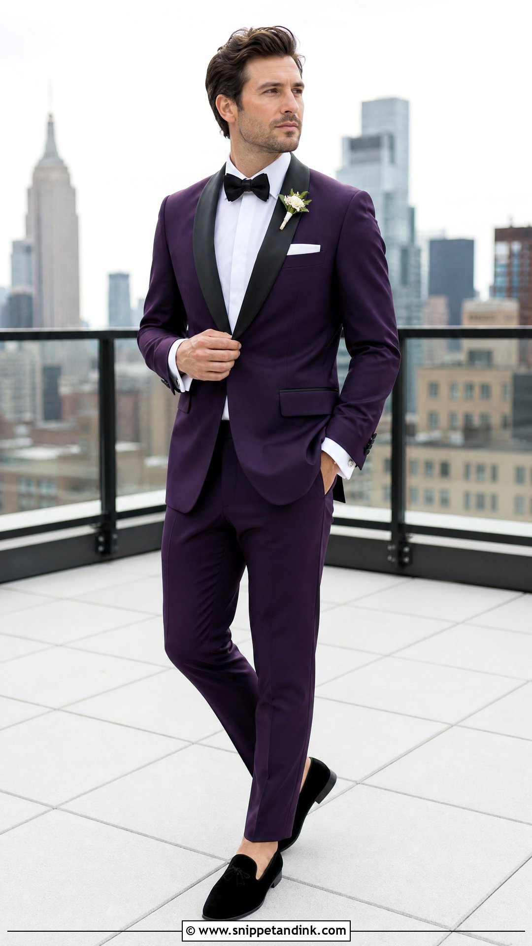 Purple Shawl Collar Tuxedo With Velvet Shoes - Snippet and Ink - 20 Purple Tuxedo Wedding Ideas