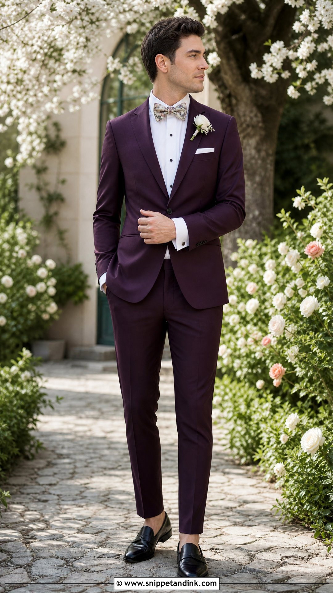 Purple Tuxedo With Floral Bow Tie - Snippet and Ink - 20 Purple Tuxedo Wedding Ideas